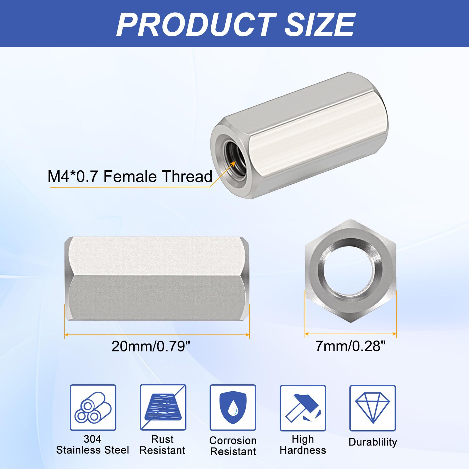 HiPicco Hex Coupling Nuts, M4 x 0.7-Pitch UNC 20mm/0.79" Length, 10 Pack 304 Stainless Steel Rod Coupling Nut for Threaded Rods & Studs - Image 2