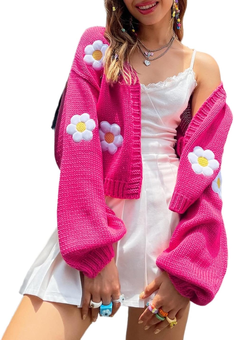 Womens Y2K Cardigan Sweaters Long Sleeve Open Front Cropped Flower Knit Cardigan Aesthetic 90s Shrug Back to College Outfits