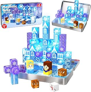 Magnetic Blocks - 45Pcs 0.8in Travel Toys Transparent Magnetic Building Block with Magnetic Tin Box for Kids, Light Up Magnet Block Blue Princess, Princess Toy for Girl 3+ Christmas Birthday Gift