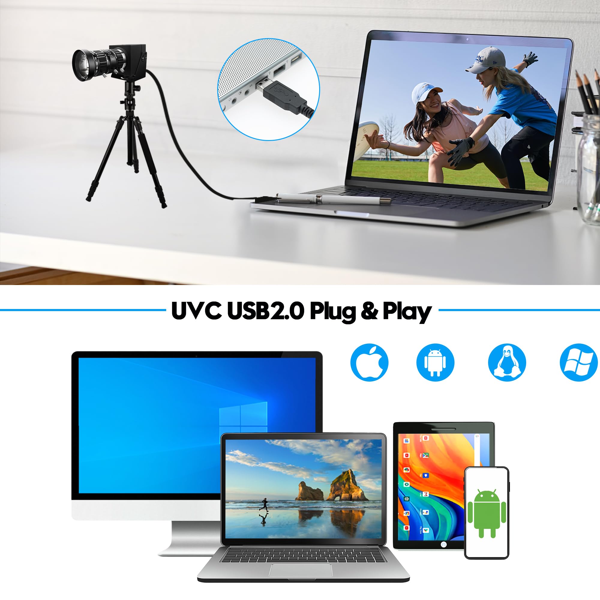 SVPRO Fotocamera USB da 12 MP con teleobiettivo da 5-50 mm, zoom ottico 10x, webcam manuale 1080p 120 fps ad alta velocità UVC macro per PC/Mac/Linux/Android (obiettivo variabile professionale da 12