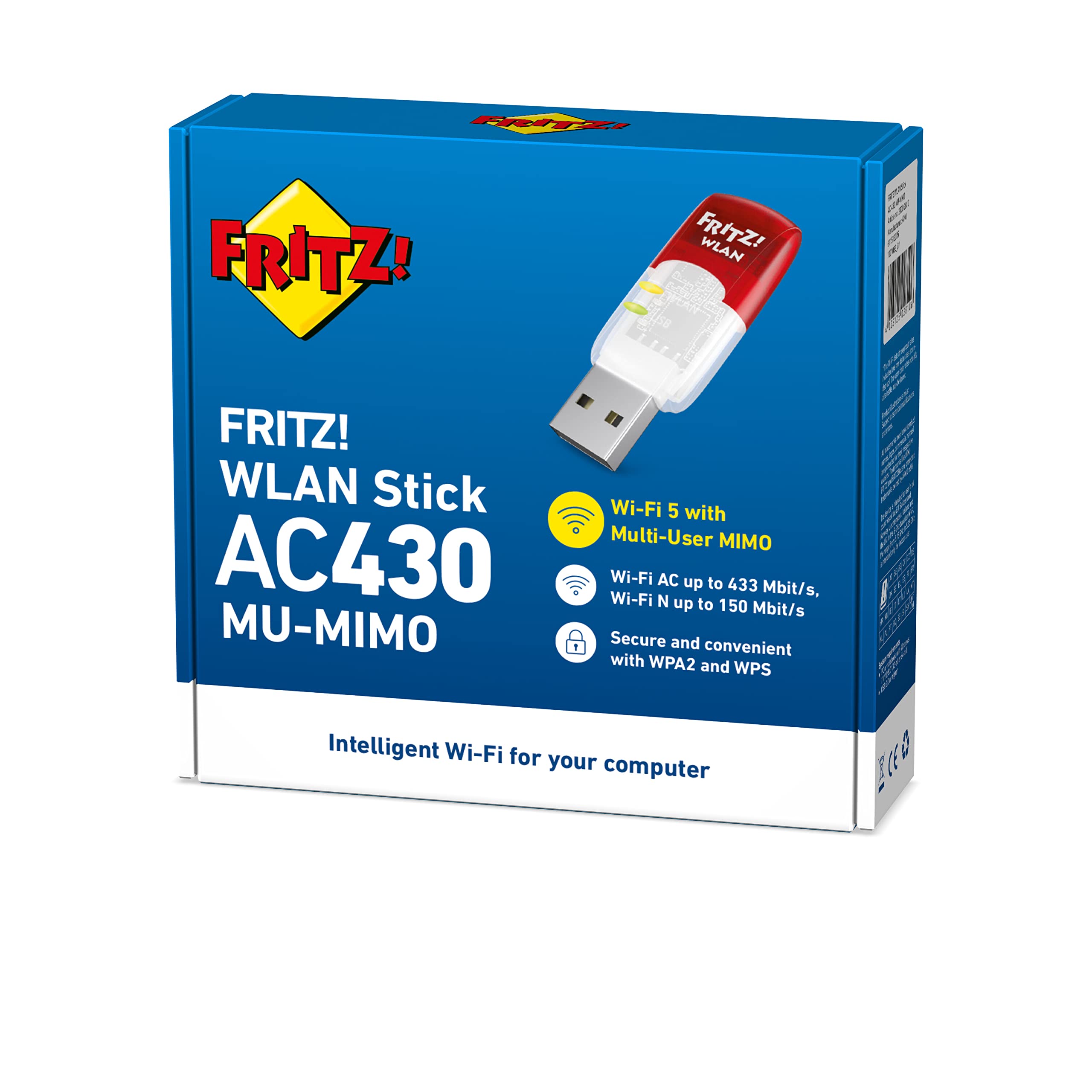 FRITZ!WLAN Stick AC 430 MU-MIMO Edition International, Adattatore wireless USB, Wi-Fi Dual Band 433 Mbps in (5 GHz) o 150 Mbps in (2,4 GHz), Compatibile con qualsiasi router WiFi