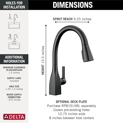 Miniatura 3 de Delta Faucet 9183-BL-DST Mateo - Grifo de cocina, color negro mate