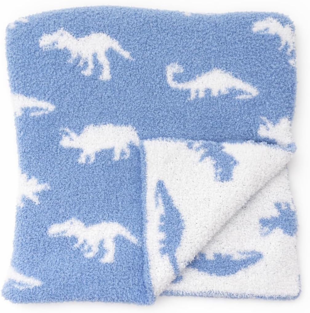 L+L USA Dinosaur T-Rex Baby Blanket 28"x40" - DreamSoft Knit Throw for Crib, Stroller, Car Seat - Soft Blanket/Newborn Nursery Gift Essential for Toddler, Infant, Kids, Boys, Girls (Baby Blue/White)