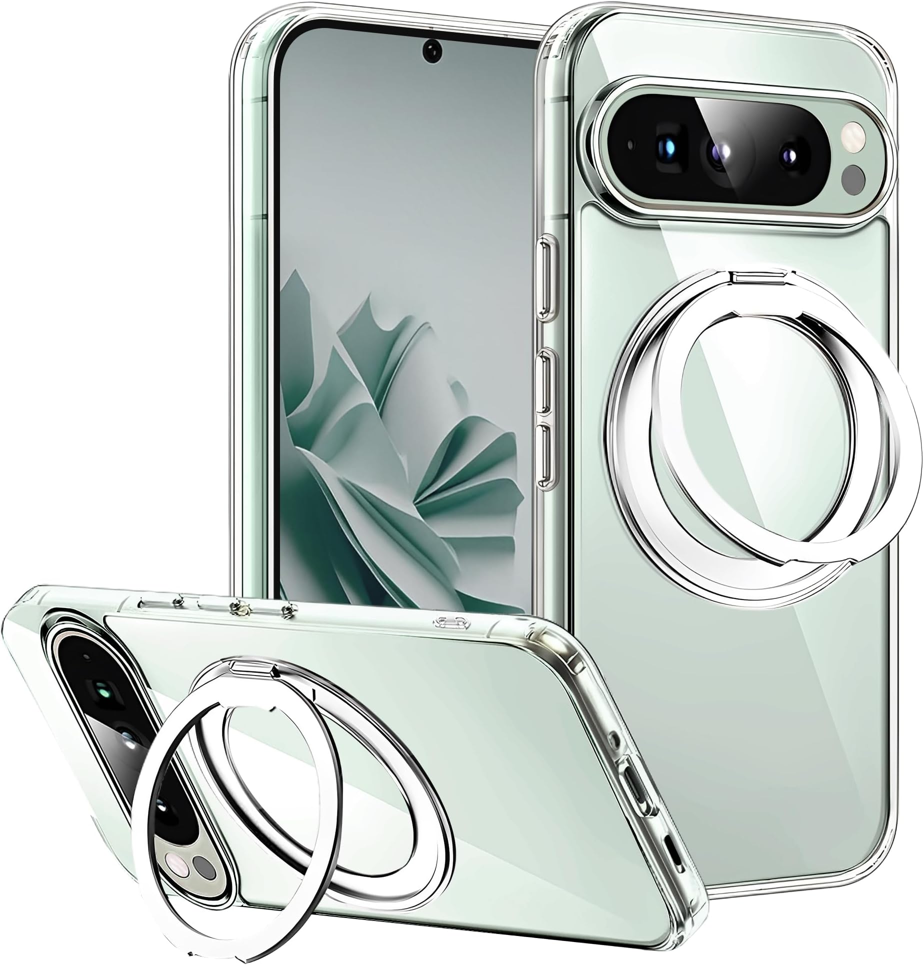 Google Pixel 9 Pro/Pixel 9 Case, 360° Rotating Stand, Magsafe Compatible, TPU+PC, Transparent, Clear Case, Shockproof, US Military MIL Stand, Anti-Fingerprint, Anti-Yellowing, Strap Hole