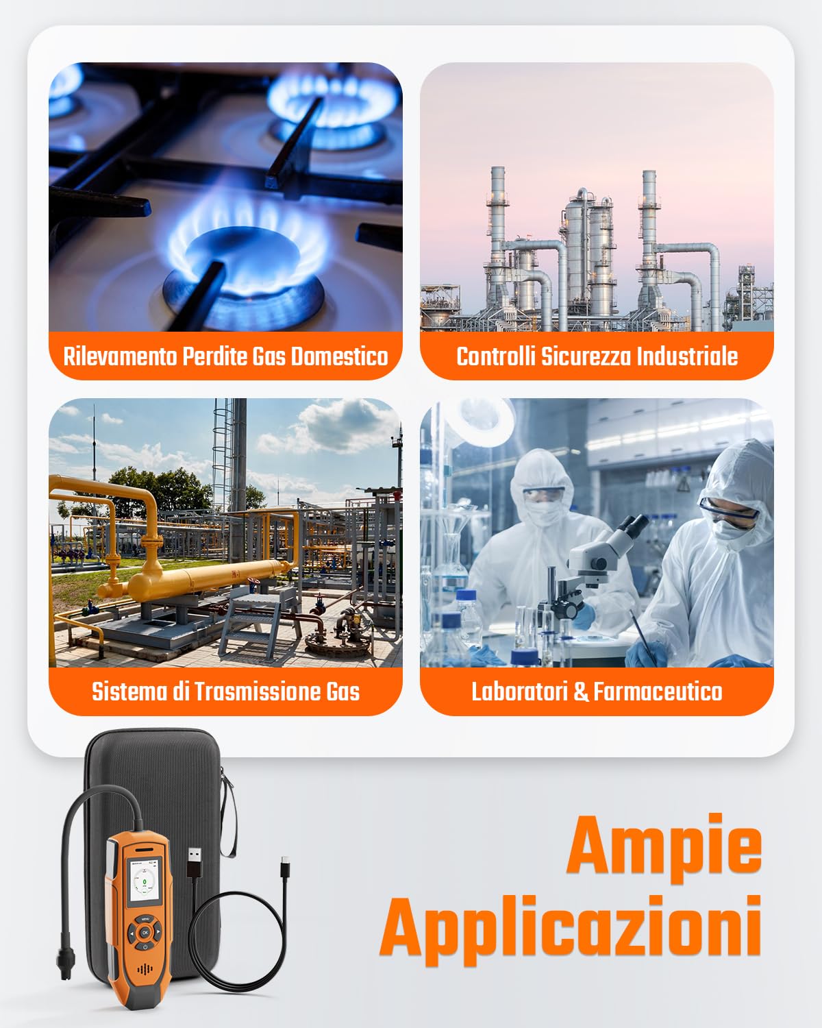 TopTes Rilevatore di Gas Ricaricabile PT-990 con sonda da 28 cm, intervallo di rilevamento 0–10000 ppm, registrazione dati e 3 tipi di allarme, Rilevatore Perdite di Gas per propano, metano -Arancione