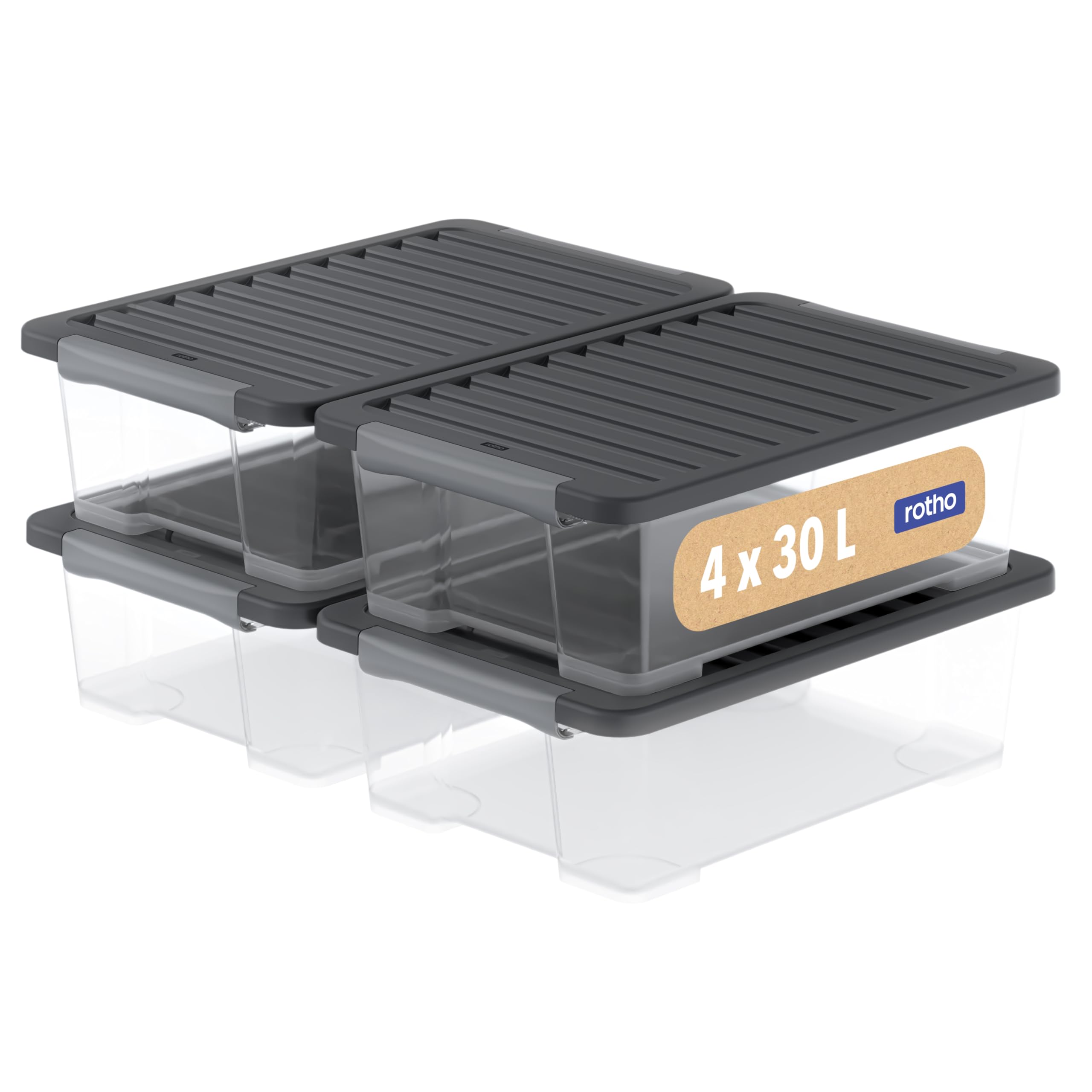 Rotho CORE Plus Cajas Almacenaje Plástico 30 L Cajas Organizadoras con Tapa | Contenedores apilables de plastico transparente, 59x39,5x18,5 cm, resistentes con codigo QR para gestion por aplicacion
