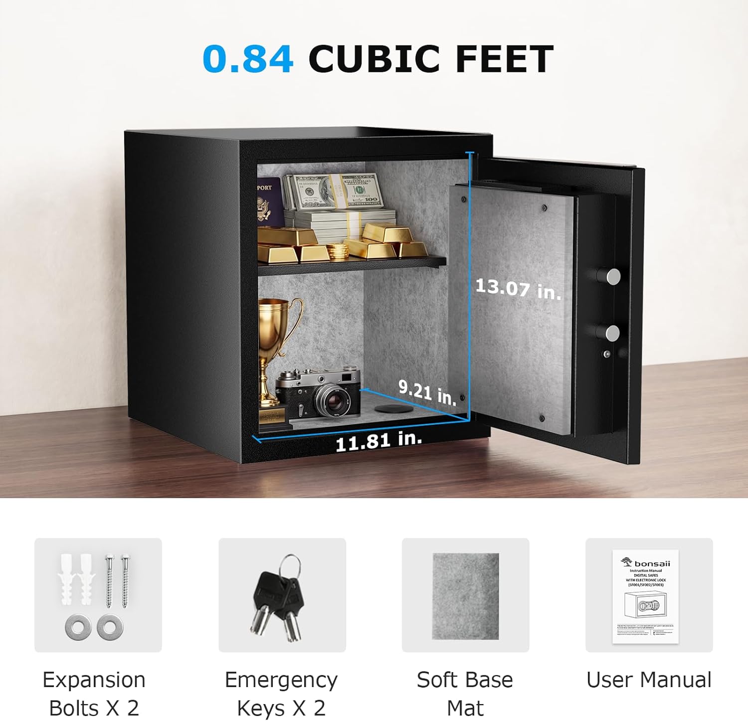 Bonsaii 0.84 cu.ft Fireproof Safe for Home, 30-Min at 1550°F, Digital Keypad & Emergency Key, Anti-Tamper Alarm, Type-C Port, 13.07"x9.21"x11.81" for Documents, Cash, Jewelry