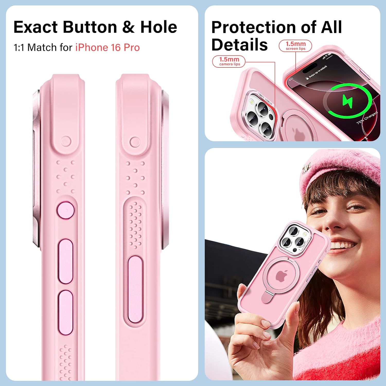 Designed for iPhone 16 Pro Case with Magnetic Stand, [Military Drop Protection][Great Grip Feeling] Matte Translucent Back Slim Shockproof Phone Cover for iPhone 16 Pro 6.3", Pink