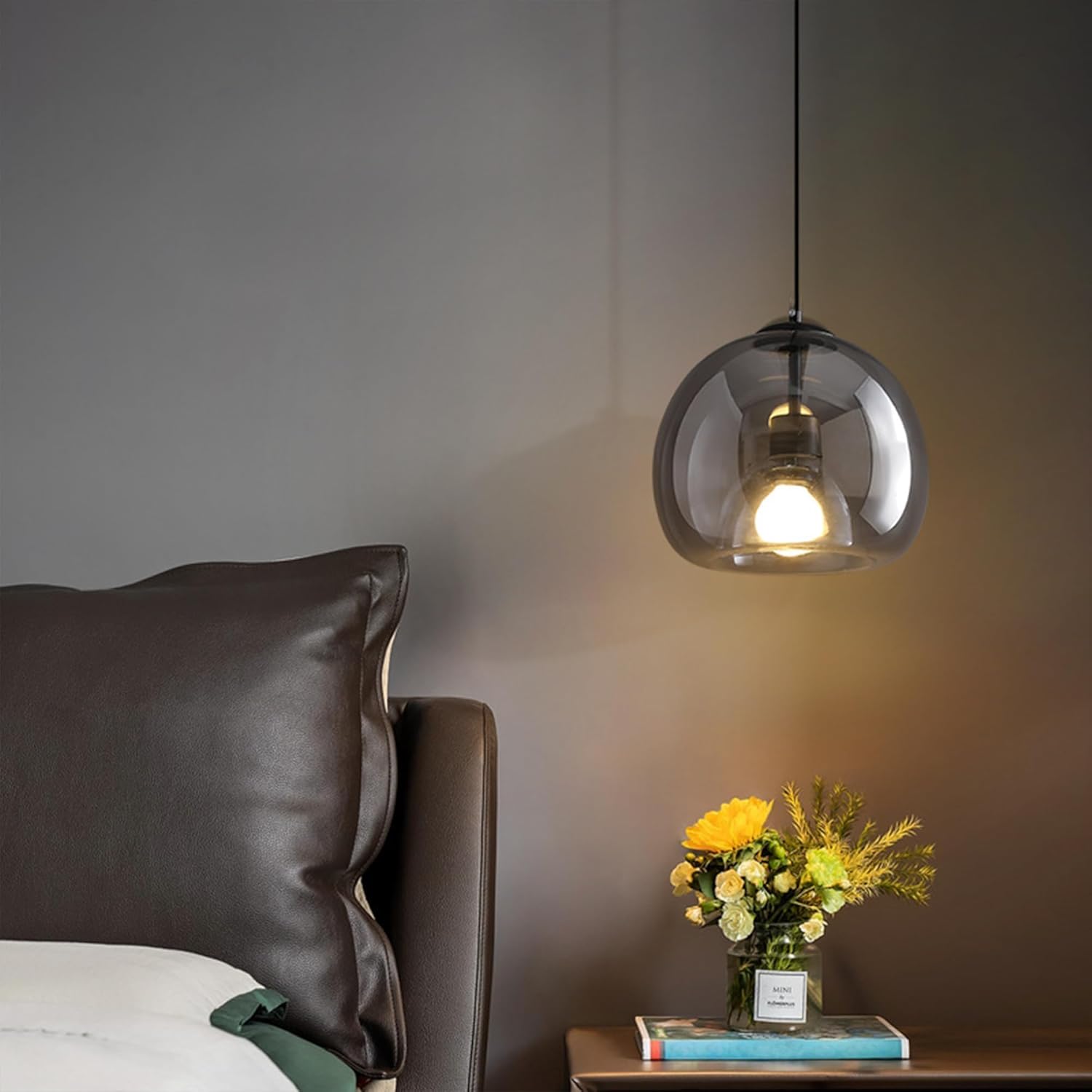 Large Smoke Glass Pendant Light for Kitchen Island, Includes Extra Bulb & 4.26FT Adjustable Cord, Modern Pendant Lighting Fixtures for Kitchen, Dining Room, Living Room(9in, 1-Pack)