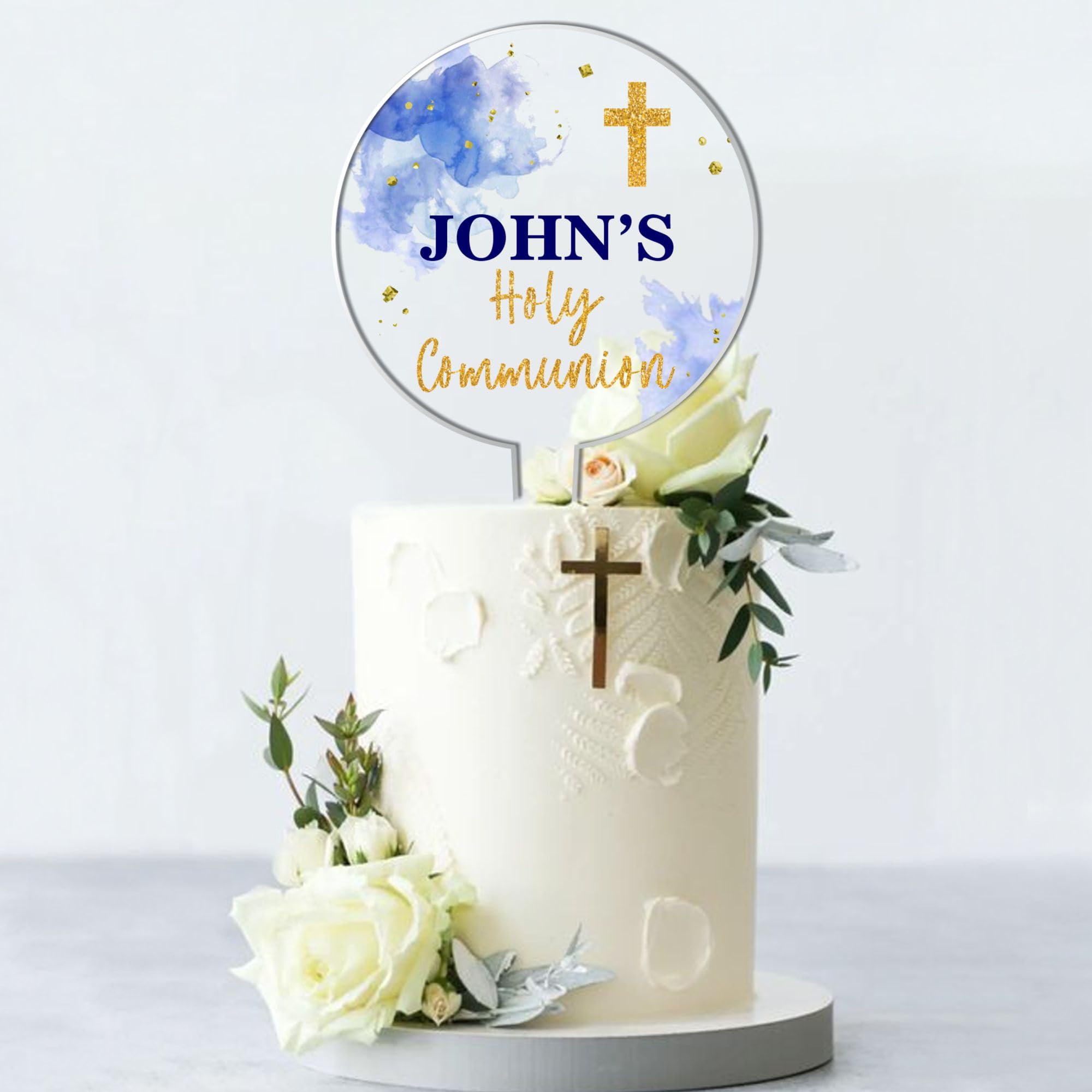 Personalised Religious Cake Topper – Custom Name & Occasion – Christening, Communion or Confirmation – Acrylic Watercolour Design with Cross Cake Decoration (Communion, Blue)