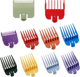 Juego de 10 protectores para cortadora, compatibles con la mayoría de las cortadoras Wahl. Guías de repuesto con código de colores. Peines profesionales para corte de cabello de 1,5 mm a 25 mm.