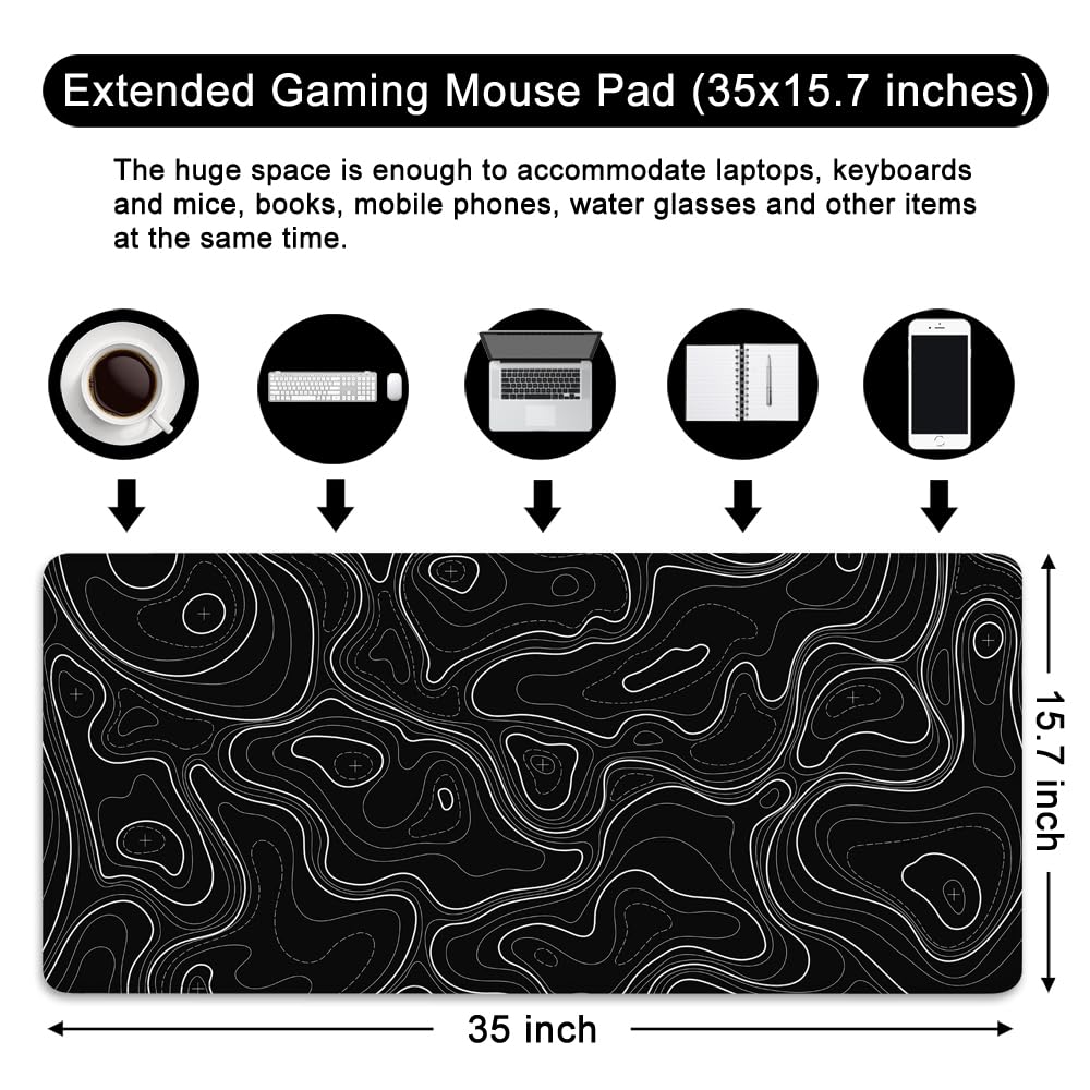 AQQA Tappetino per mouse grande (89 x 43 cm), con base in gomma antiscivolo, sfondo topografico con linee geografiche, per gaming, ufficio, laptop, computer, uomini e donne