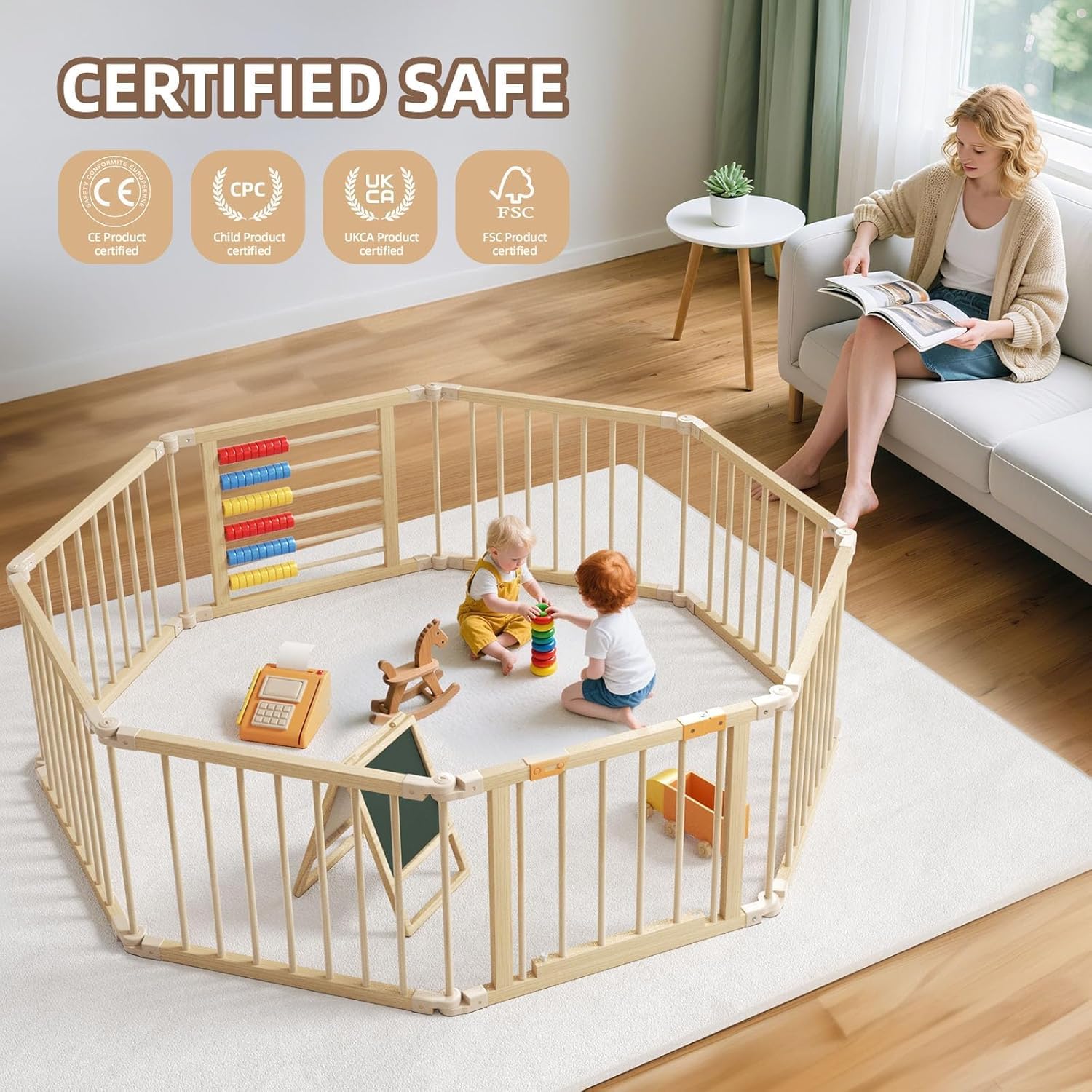 Baby Playpen,Wooden Foldable Playpen For Toddlers and Babies with Locking Gate, 8 Panels Baby Fence, Indoor Play Yard with Abacus, Kids Activity Center — view 8
