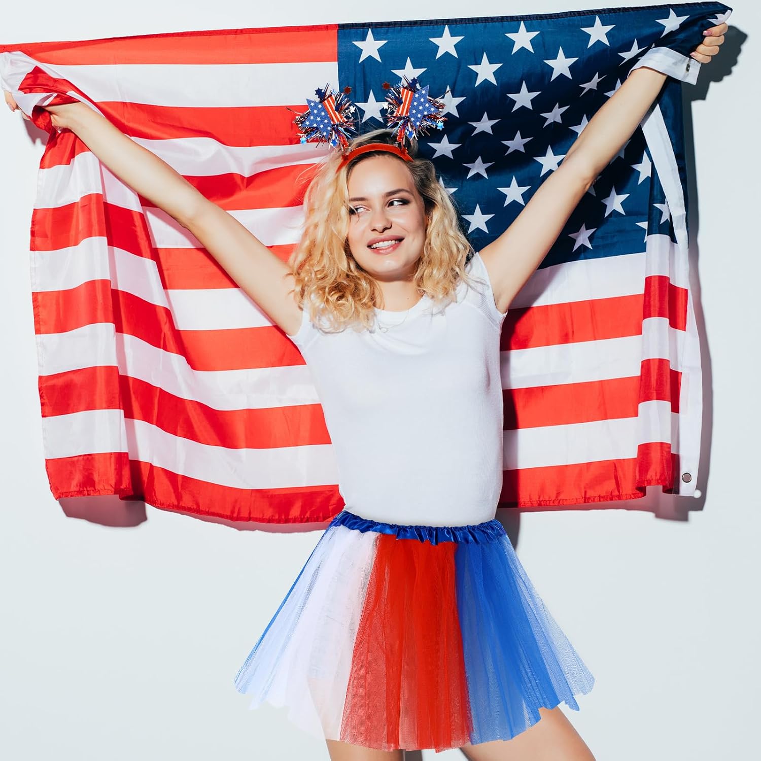 Shyyween 9pcs 4th of July Tutu Set for Women 250 Years Red White and Blue Tutu Patriotic Costume Accessories Set 4th of July Stars Skirts Headband Striped Socks for Independence Day Cosplay Party