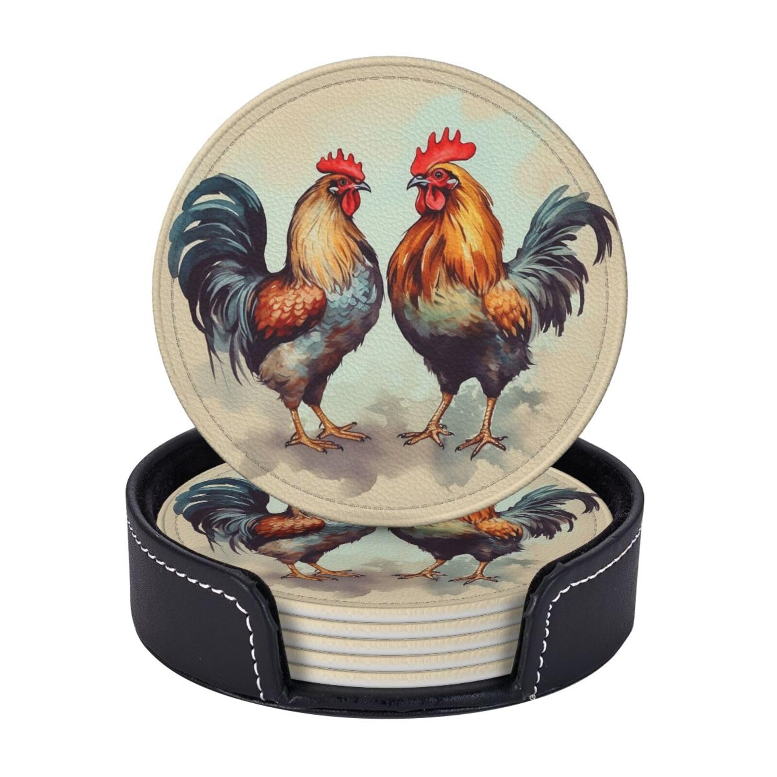 Round Coasters for Drinks Set of 6 - PU Leather Coasters with Holder - Modern Drink Coasters for Coffee Table - Rooster and Hen Coaster for Tabletop Protection 4" Cup Mat Pad
