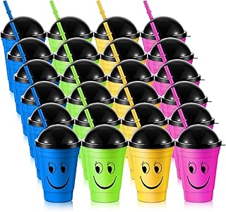 Bokon 24 Pack Smile Face Sipper Cups with Lids and Straws for Kids 12 oz Reusable Plastic Kids Cups with Lids for School Events Birthday Party Supplies, 4 Random Colors