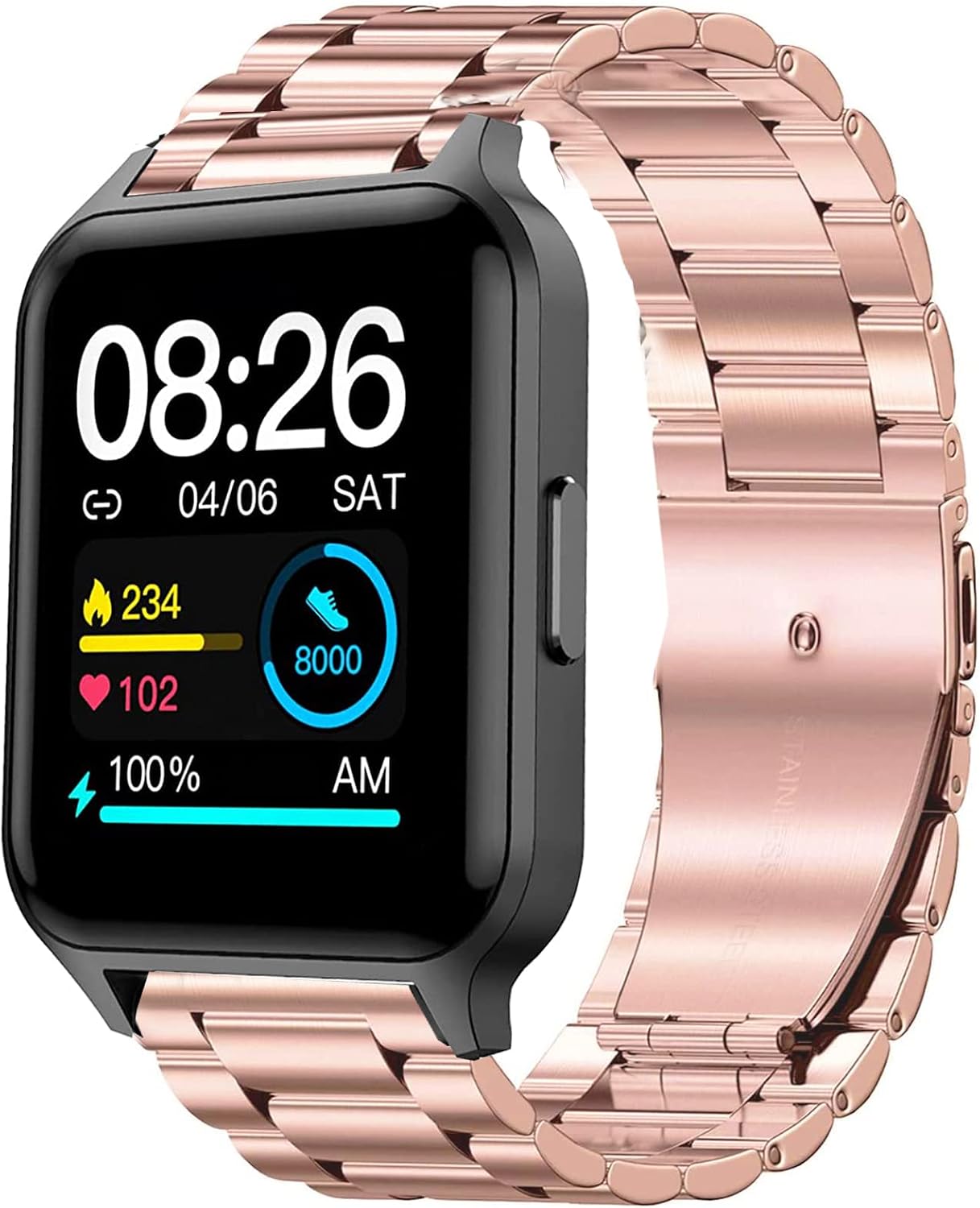 Lamshaw Stainless Steel Smart Watch Band in Rose Gold attached to a Deeprio 1.52 inch Smart Watch