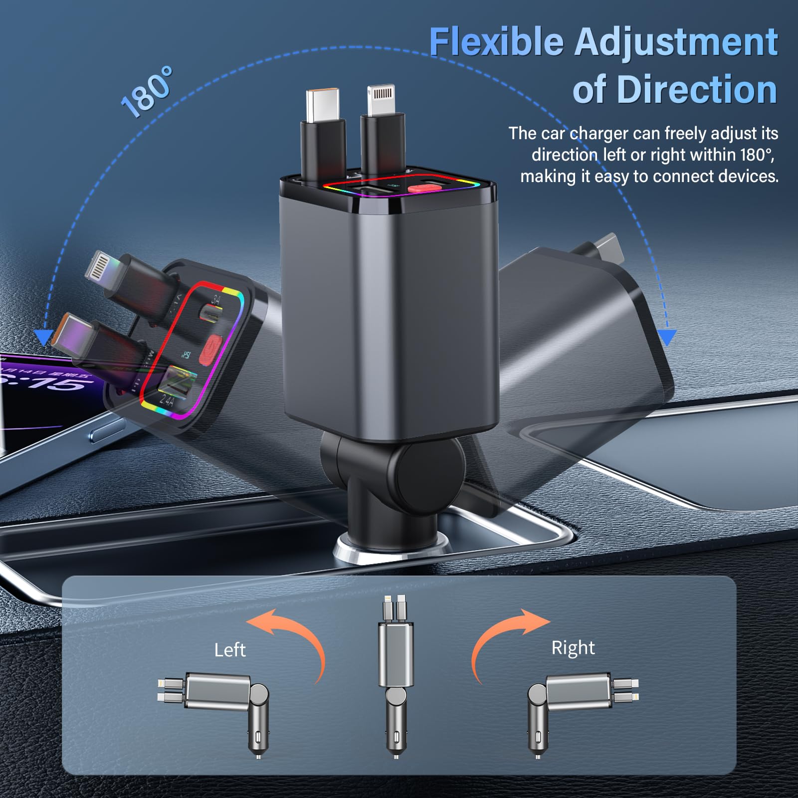 Ładowarka samochodowa USB C 4 w 1, 69 W, ładowarka samochodowa z 2 wysuwanymi kablami (typ C i Lightning), adapter USB do gniazda zapalniczki samochodowej ze światłem LED, obracany o 180°, szybkie
