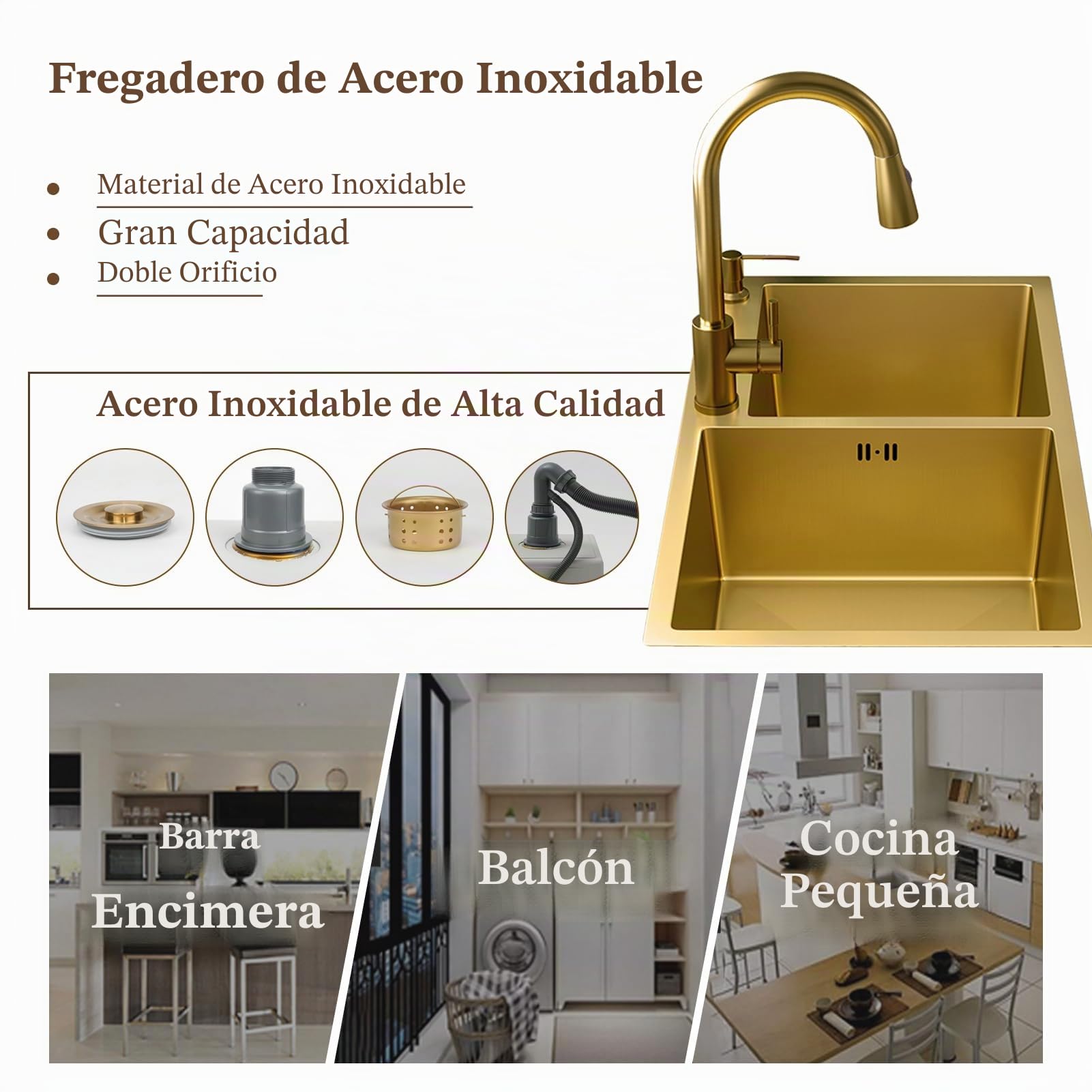 Dorado Fregadero Cocina 2 Seno 75x40cm, Fregadero Cuadrado de Acero Inoxidable con Grifo, Apto para instalación bajo encimera, Enrasado o Sobre encimera