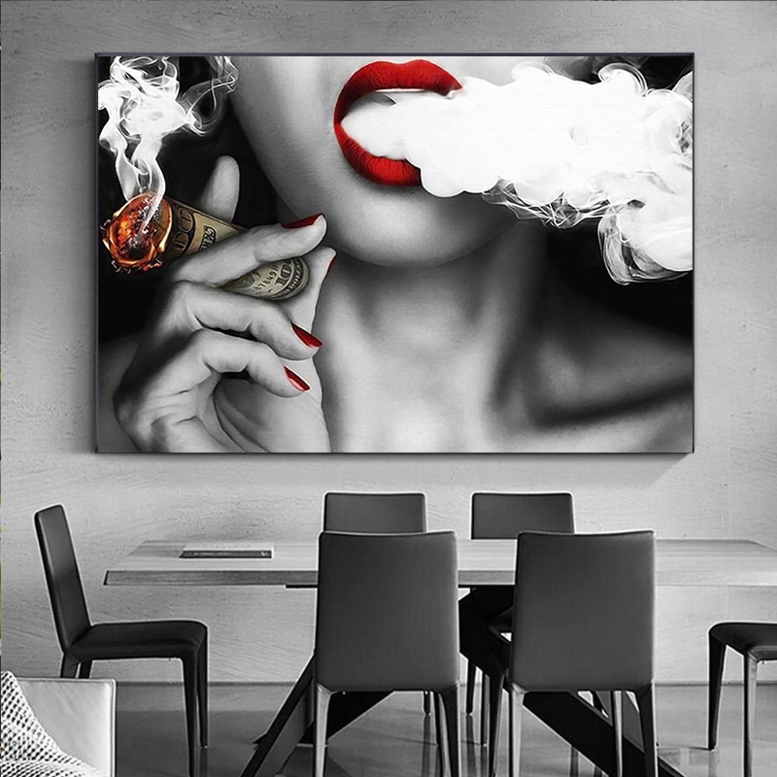 ZHMANLUCK Decorazione astratta Pittura Donna in bianco e nero che fuma  sigaro Poster su tela e stampa immagine Wall Art Home Room 70x120cm  (28x43in) ..., image size:1600x1600