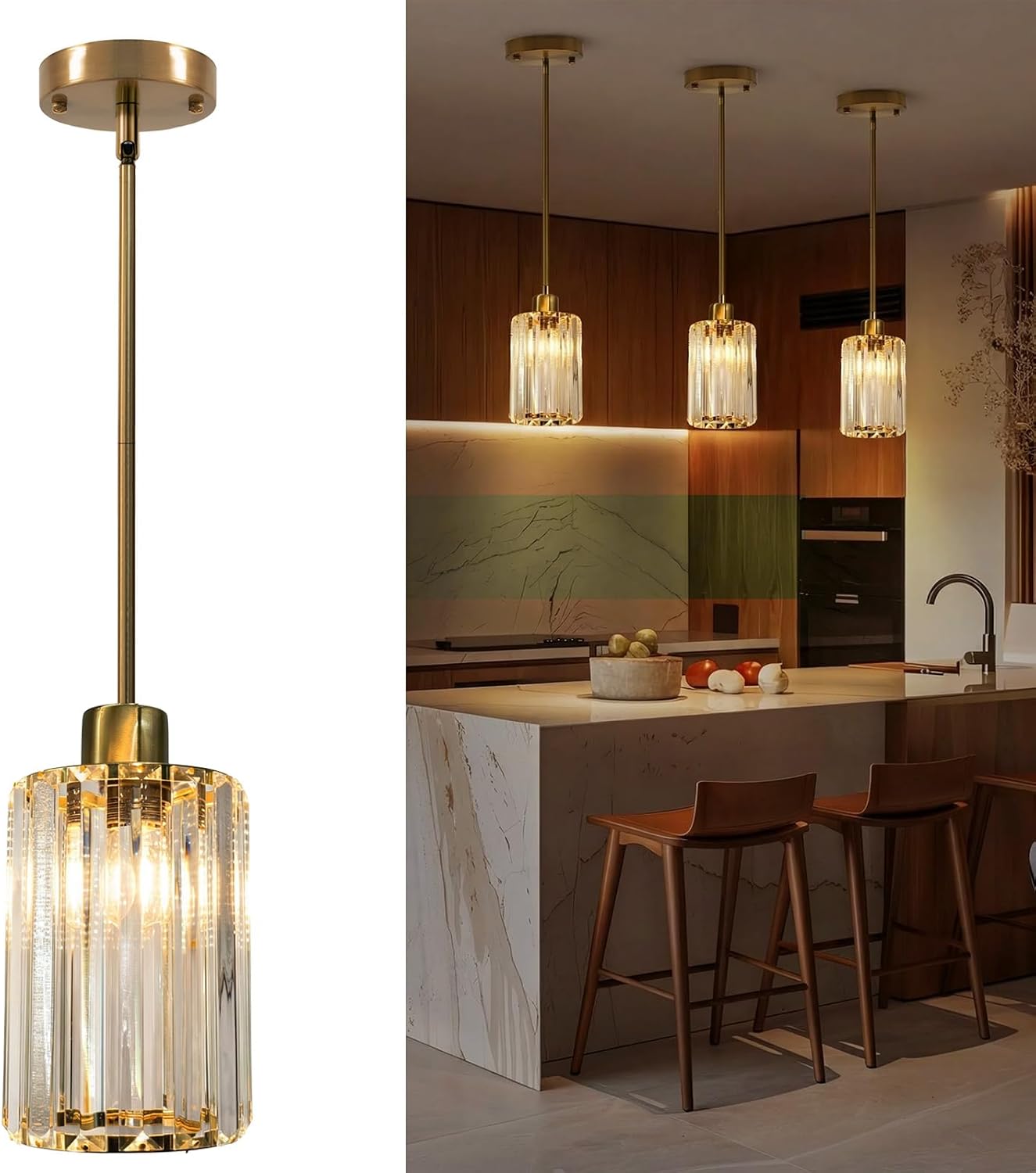 3-Pack Gold Crystal Pendant Lights for Kitchen Island, Adjustable Modern Hanging Light Fixtures for Flat or Sloped Ceiling, E26 Mini Pendant Lights with Crystal Glass Shade for Dining Room Bar