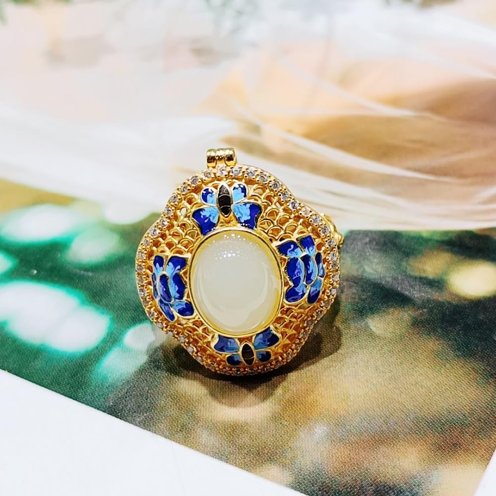 S925 Silver Gold-Plated with Natural Hetian White Jade Egg face Enamel Incense Sachet Ring (Adjustable Opening) for Women Yoga Genuine