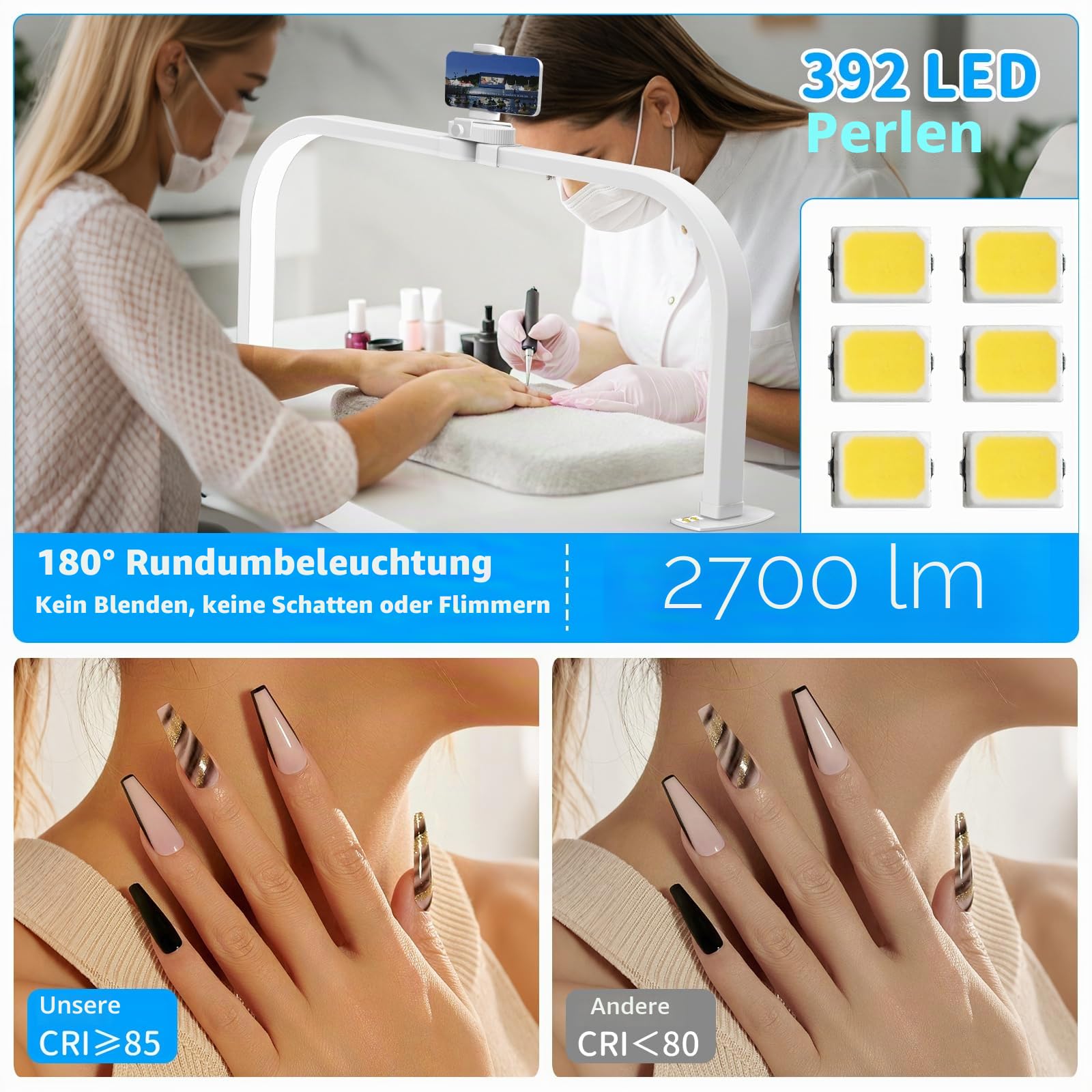 CGBE LED Halbmond Lampe für Nageltisch Faltbare für Nageltechniker - Weiß | 28 Zoll Dimmbar Nageltisch Lampe mit Handyhalter - 3 Farbmodi 10 Helligkeiten - Tischlampe für Maniküre Tattoo Basteln