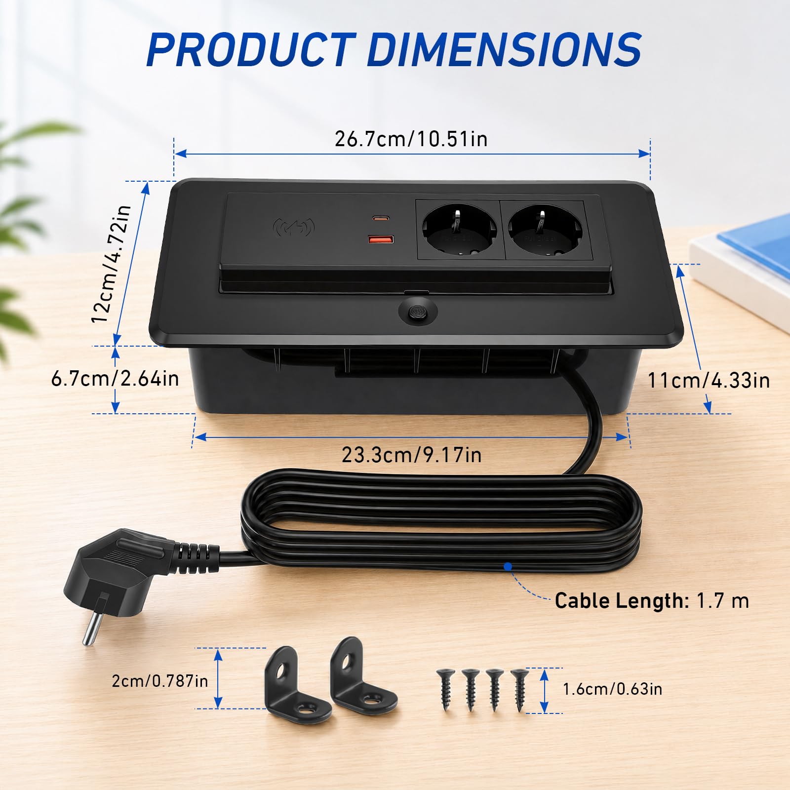Versenkbare Steckdose 2-Fach mit USB A and USB-C PD 20W Schnellladefunktion & 15W kabellosem Ladegerät, Pop-Up Tischsteckdose für Arbeitsplatte, Schreibtisch, platzsparende Steckdosenleiste Einbau
