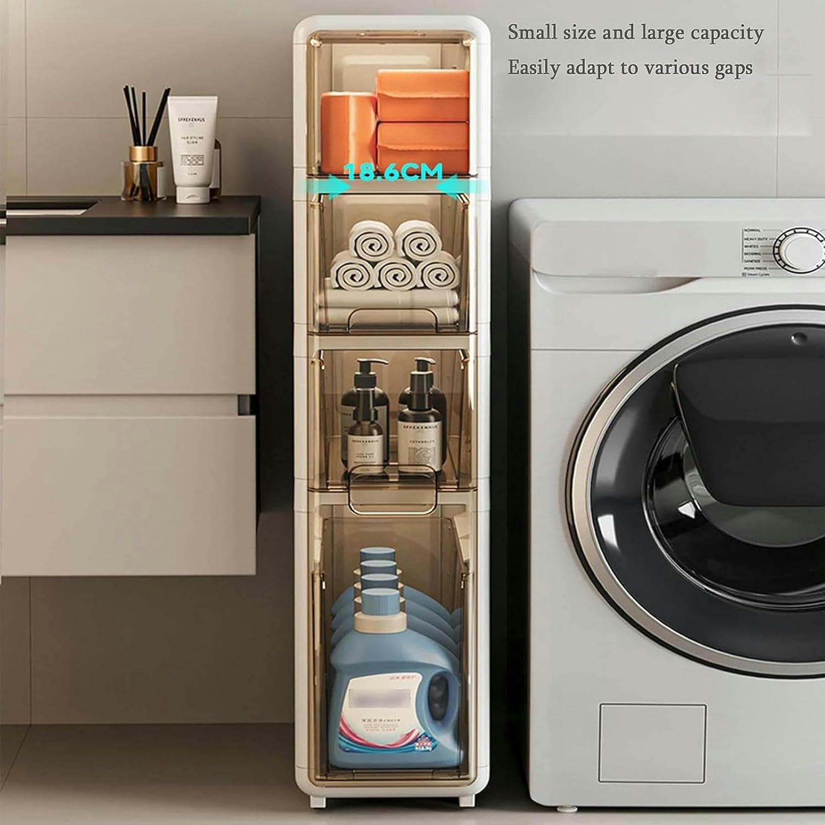 Mobile da bagno sottile con ruote girevoli, torre di stoccaggio stretta per carta igienica, grande capacità, design salvaspazio per piccoli spazi