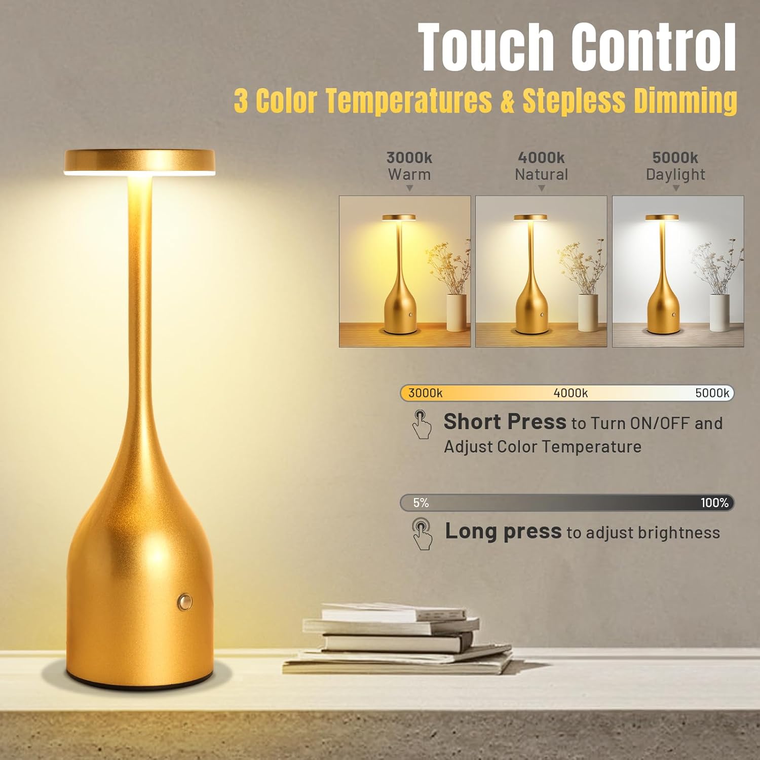 Cordless Table Lamp Rechargeable 5000mAh Battery Operated LED Table Light, 3 Color Stepless Dimming Portable Table Light Waterproof for Patio Dining Dinner Home Terrace (Gold)
