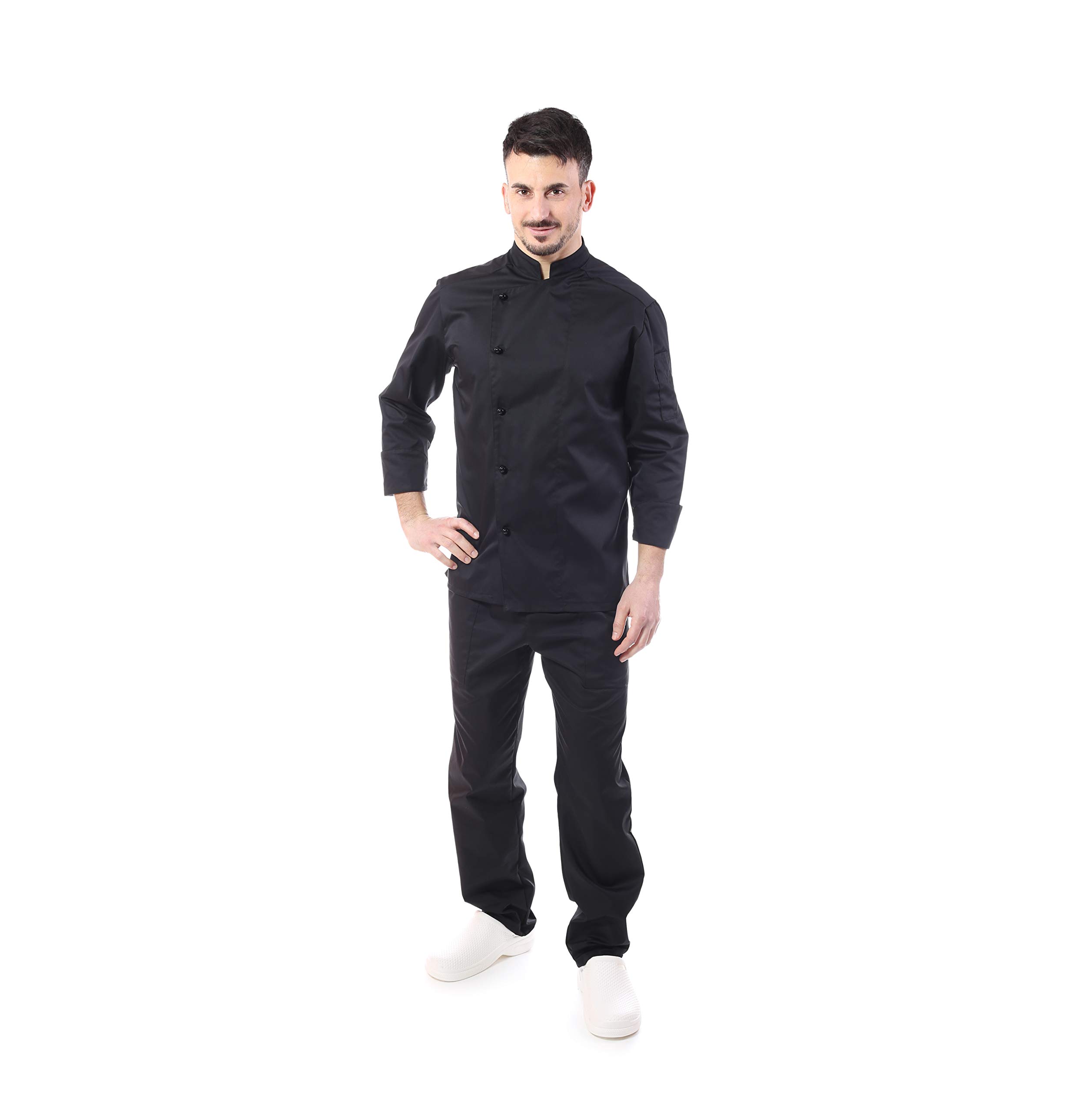 Ricamo Gratuito - Completo Cuoco e Chef Nero - Uomo - 4 PZ - Giacca, Pantalone, Davantino e Bandana - Divisa per Cucina e Ristorante - Made in Italy