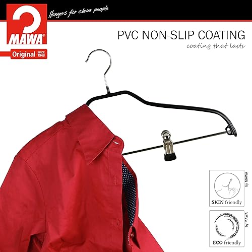 Miniatura 2 de Mawa by Reston Lloyd Silhouette Series - Percha antideslizante que ahorra espacio con clips para pantalones, estilo 40FK, juego de 70, color negro