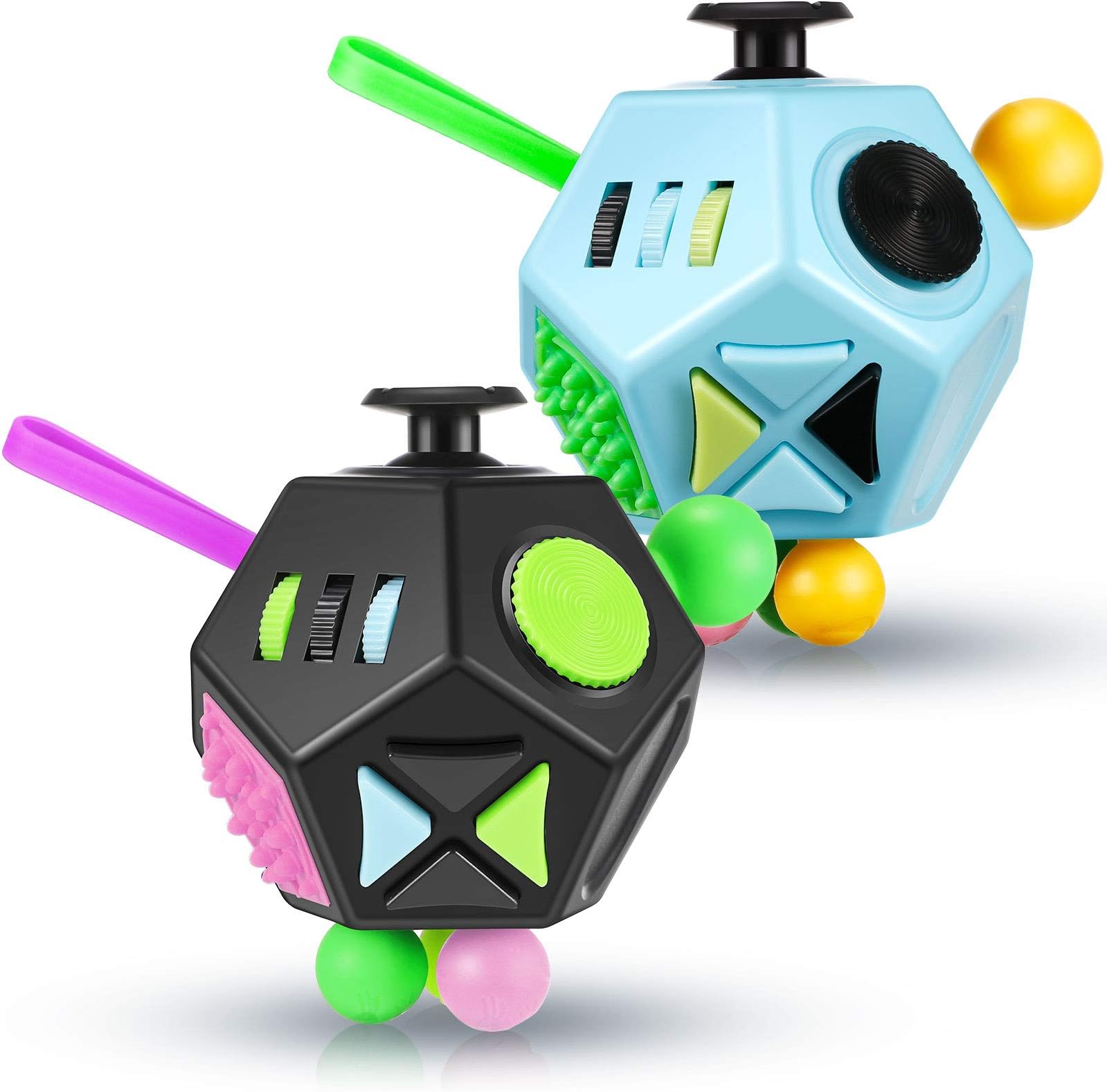 2 Pieces 12 Side Fidget Toy Cube Relieves Stress and Anxiety Fidget Dodecagon Anti Depression Cube for Boys Girls Adults with ADHD ADD OCD Autism (Black Green Purple, Blue Green Black)