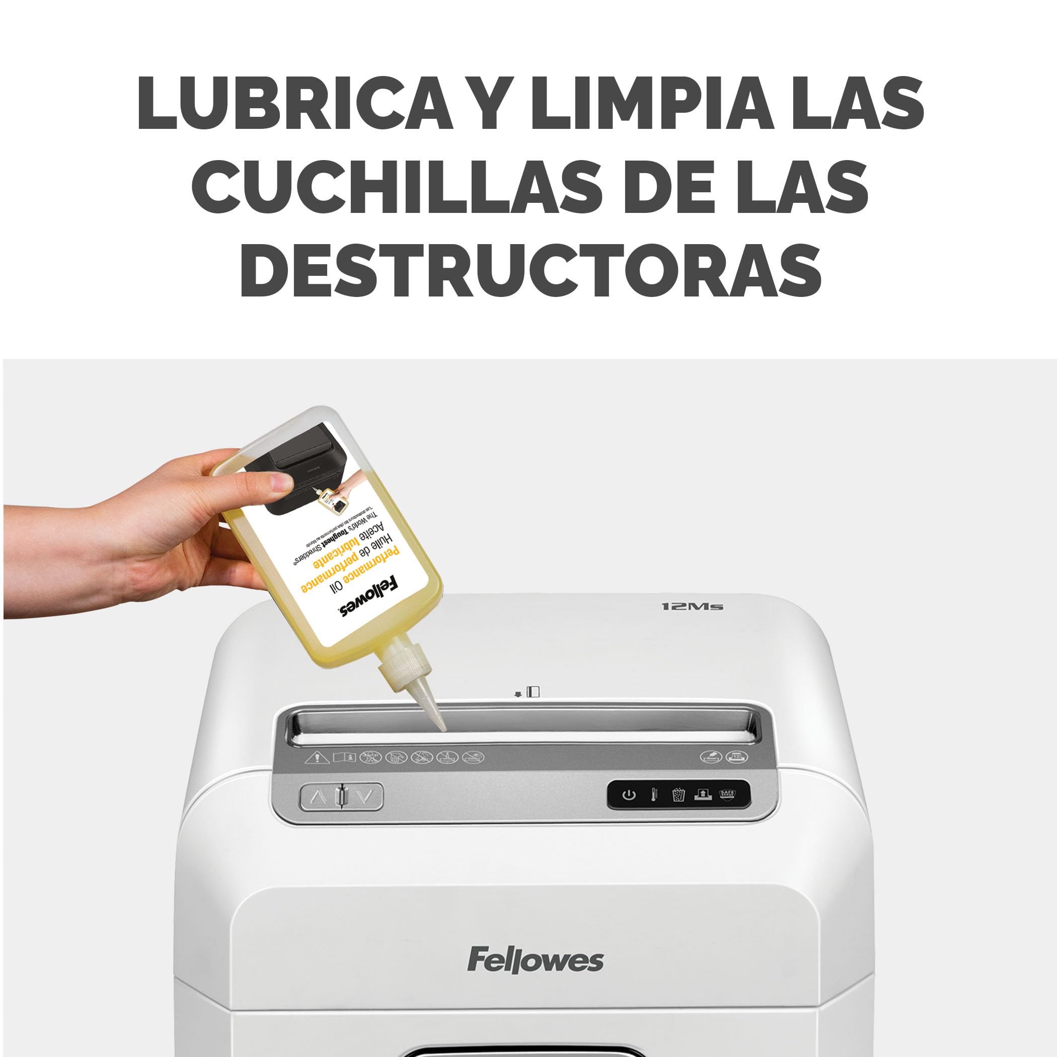 Fellowes Powershred 12MS - Destructora de Papel, destruye hasta 12 Hojas, minicorte, para pequeñas Empresas y oficinas domésticas + Fellowes Aceite lubricante para destructoras de papel, 355 ml