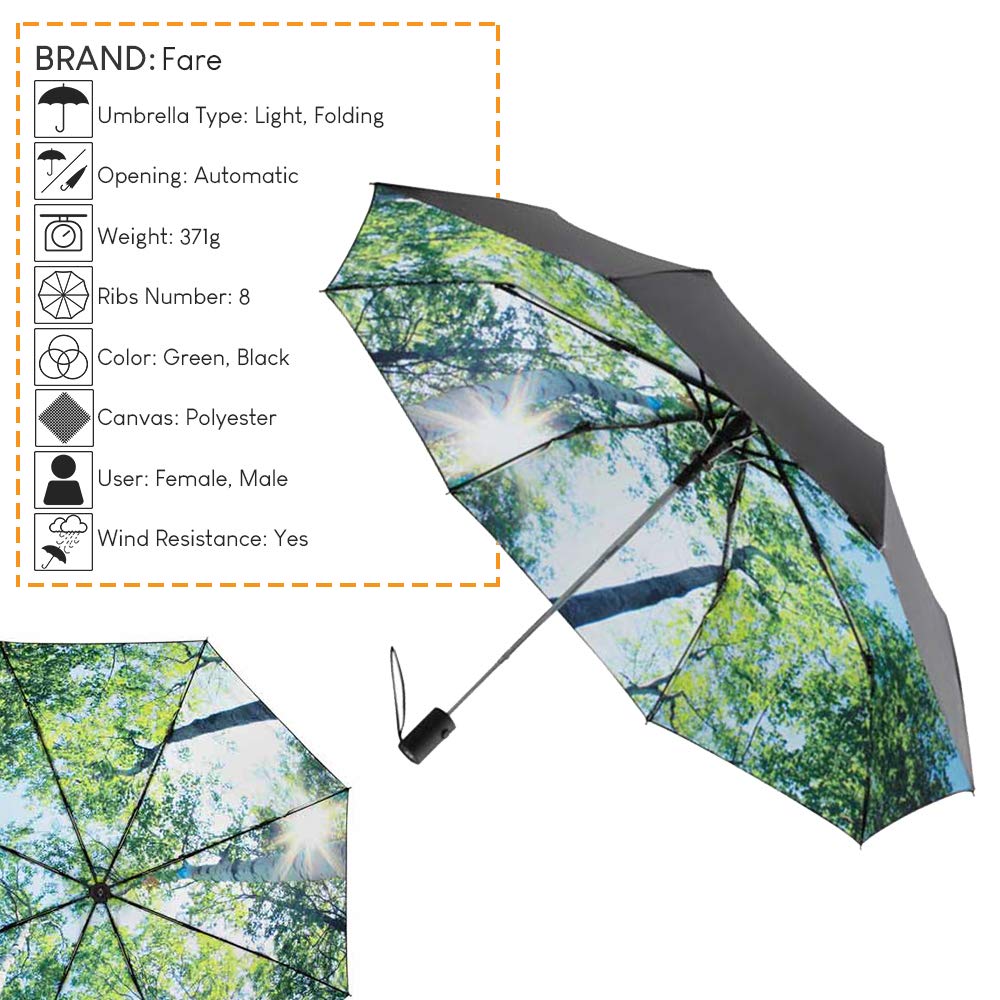 Fare Parapluie Pliant Compact Automatique Imprimé Forêt, Noir