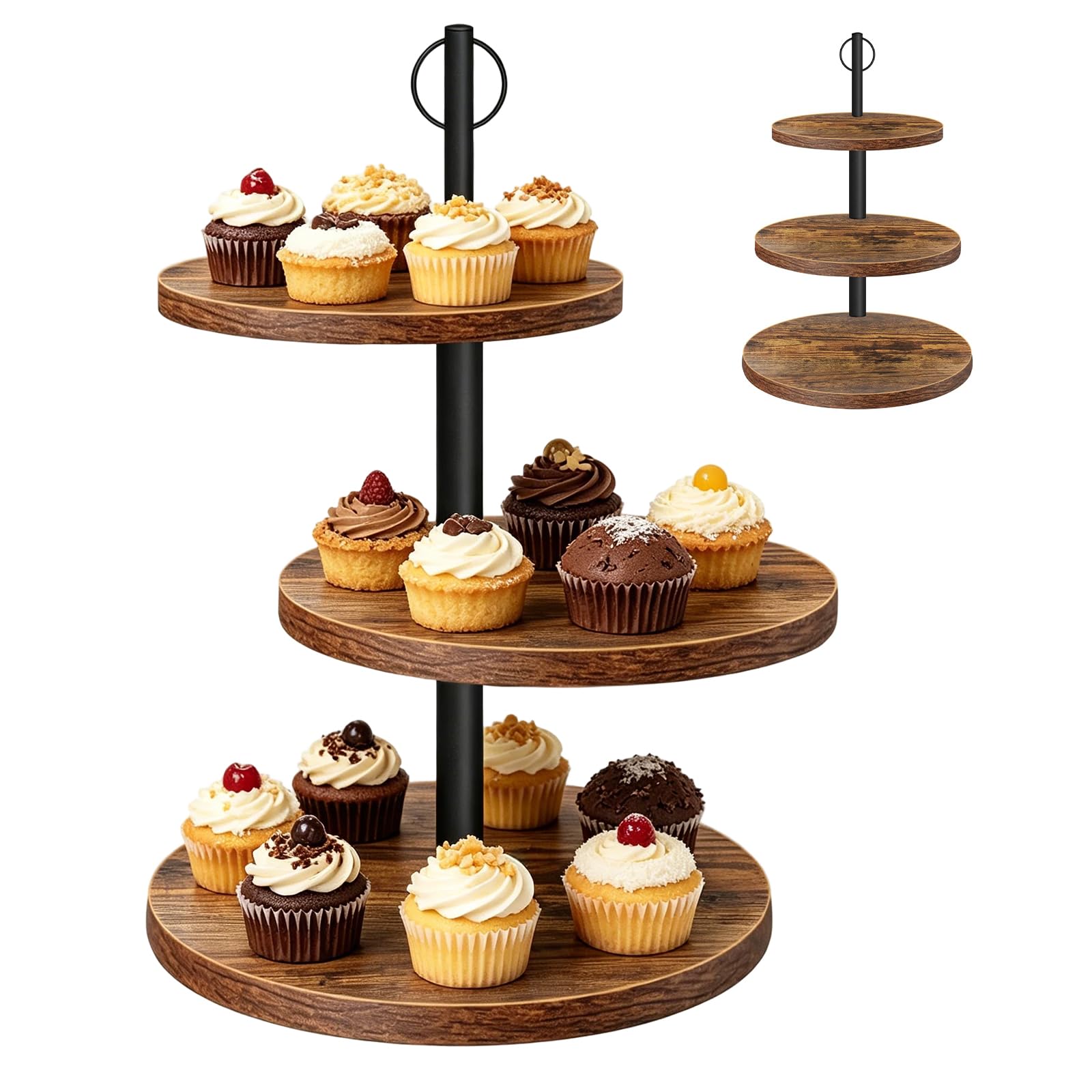 Alzata a 3 ripiani in legno, grande supporto per cupcake, girevole, rotonda, per muffin, torte, dessert, matrimoni, feste di compleanno (diametro 30/25/20 cm)