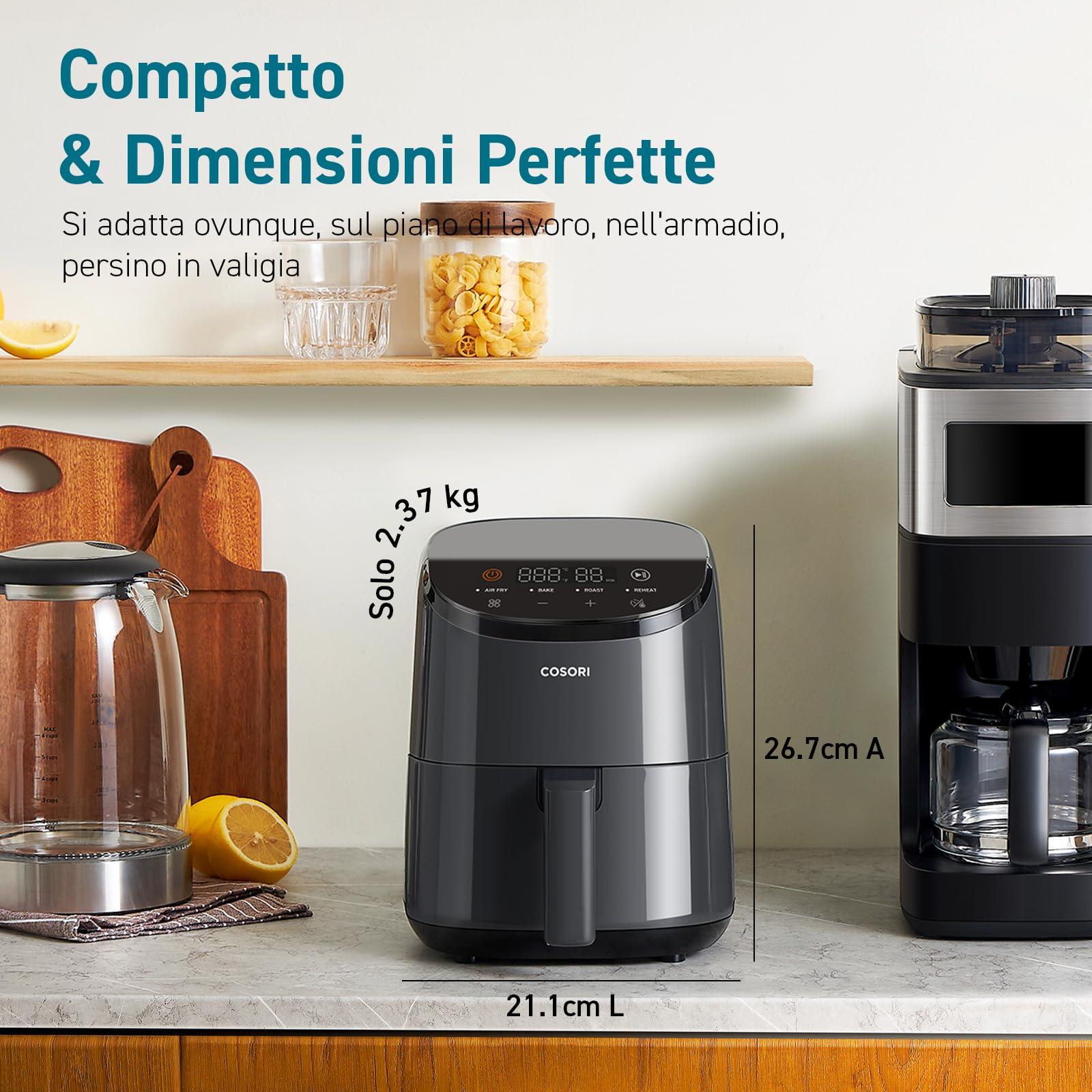 COSORI Friggitrice ad Aria 2 Litri, Air Fryer Portatile a Risparmio Energetico Con 30 Ricette Online, 4 Funzioni Con Riscaldamento, 97% Meno Olio, 75-205℃ Regolabile, Lavabile in Lavastoviglie, LI211
