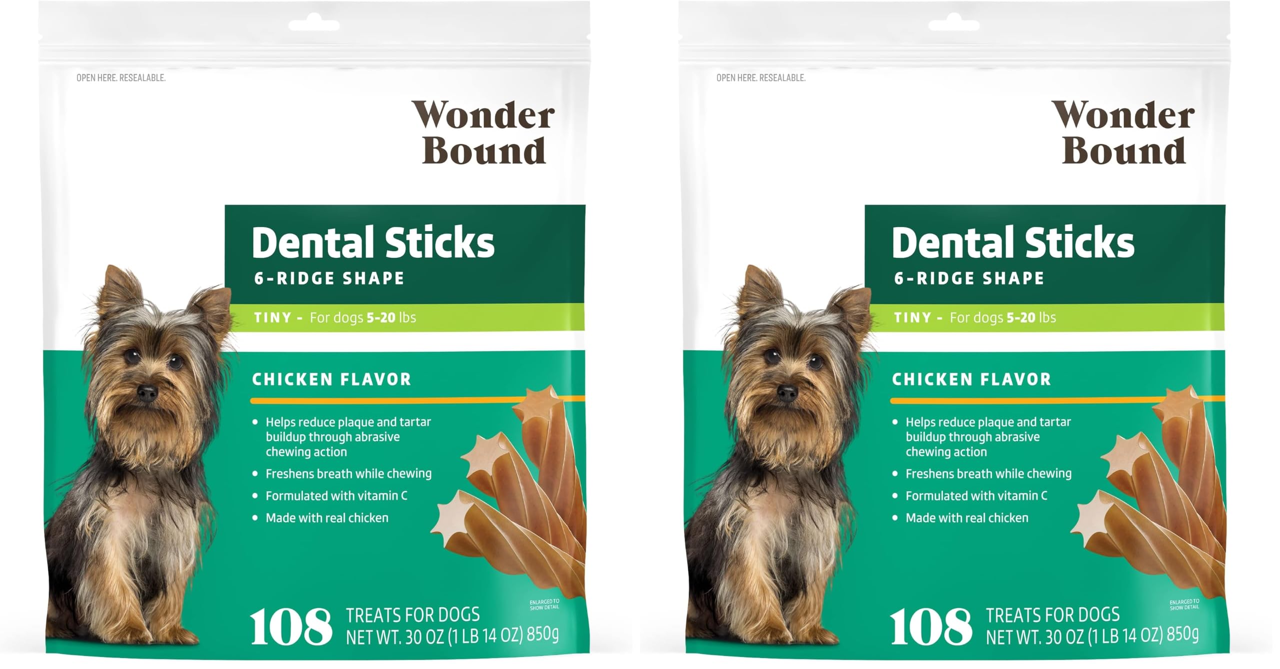 Wonder Bound Chicken Flavor Dental Sticks for Tiny Dogs (5-20 lbs), 6-Ridge Shape for Plaque &amp; Tartar Control, Freshens Breath, Made with Real Chicken, 108 Count (Pack of 2)