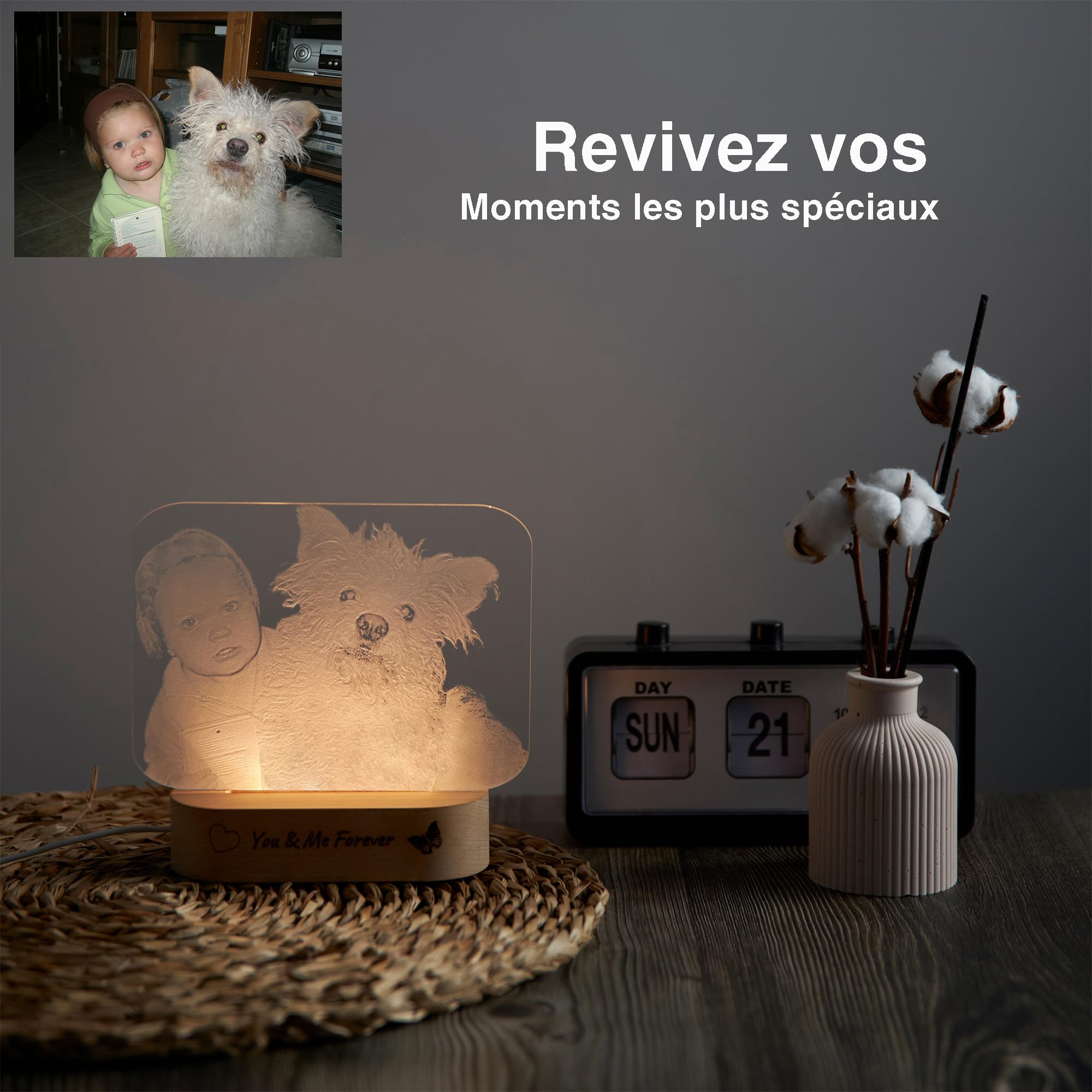 Lampe Personnalisée Gravée avec Photo et Veilleuse 3D – Cadeau Original pour Anniversaire, Saint-Valentin et Fête – Idéale pour Couples, Amis et Famille (Blanc chaud)