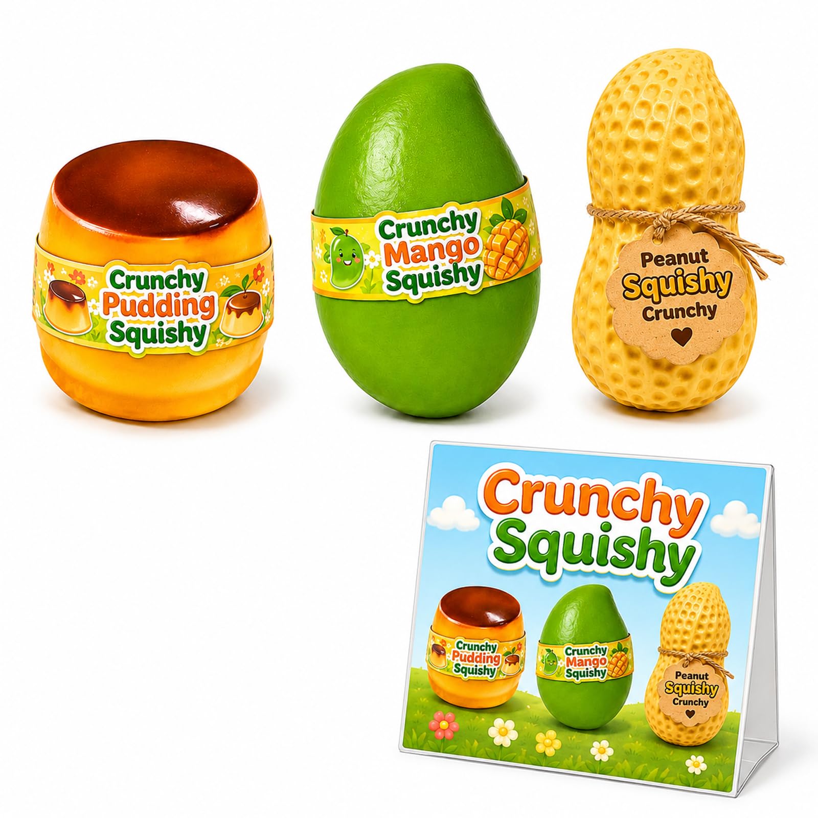 OKESYO 3PCS Crunchy Squishy Peanut Mango Soap Potato Pudding Stress Ball, ASMR Bead Filled, Slow Rising Squeeze Realistic Food Shape Squishies, Gifts for Adults