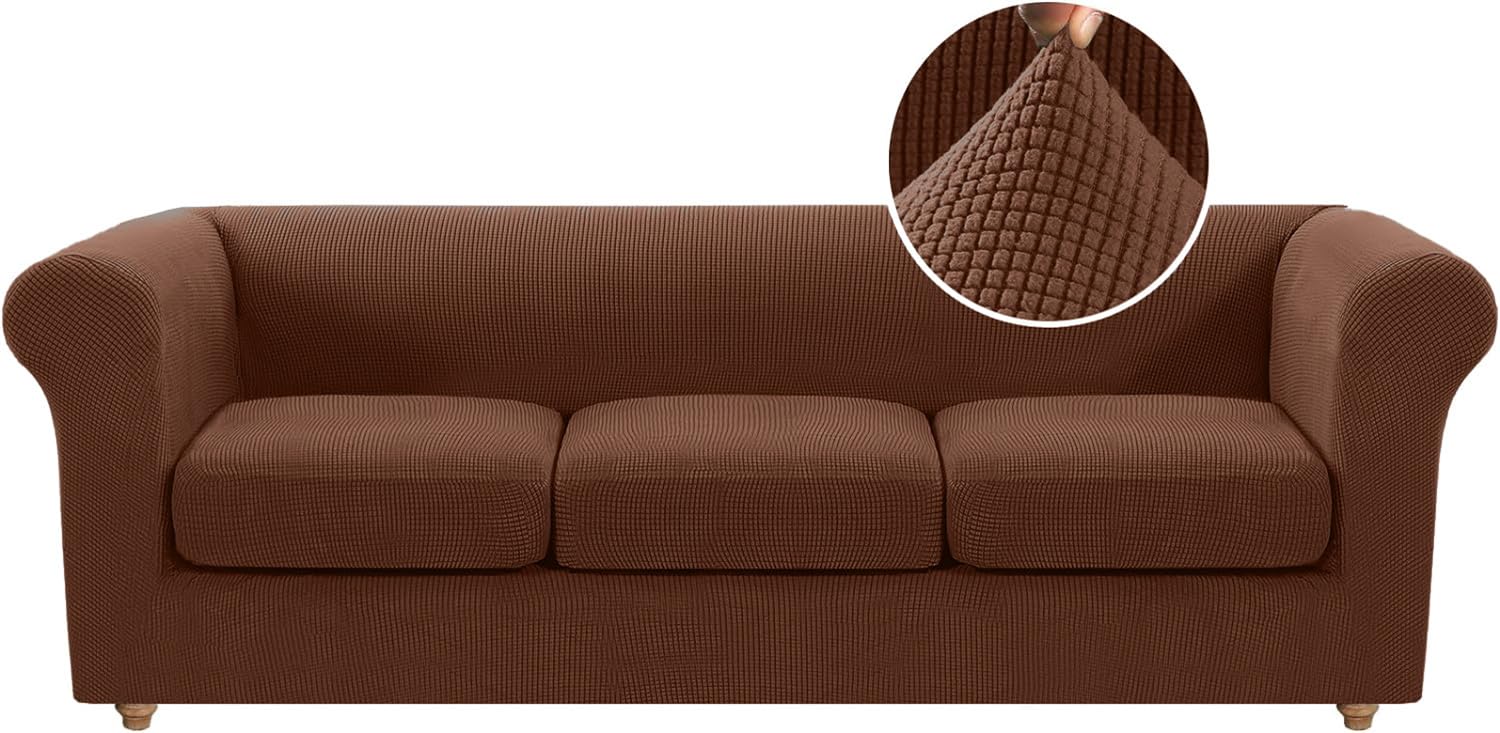 LINGKY Stretch Chesterfield Sofa Cover 3 Seater With 3 Separate Sofa Cushion Covers, Jacquard Spandex Non-Slip Sofa Slipcovers for Living Room Furniture Protector (Caramel,3 Seater)