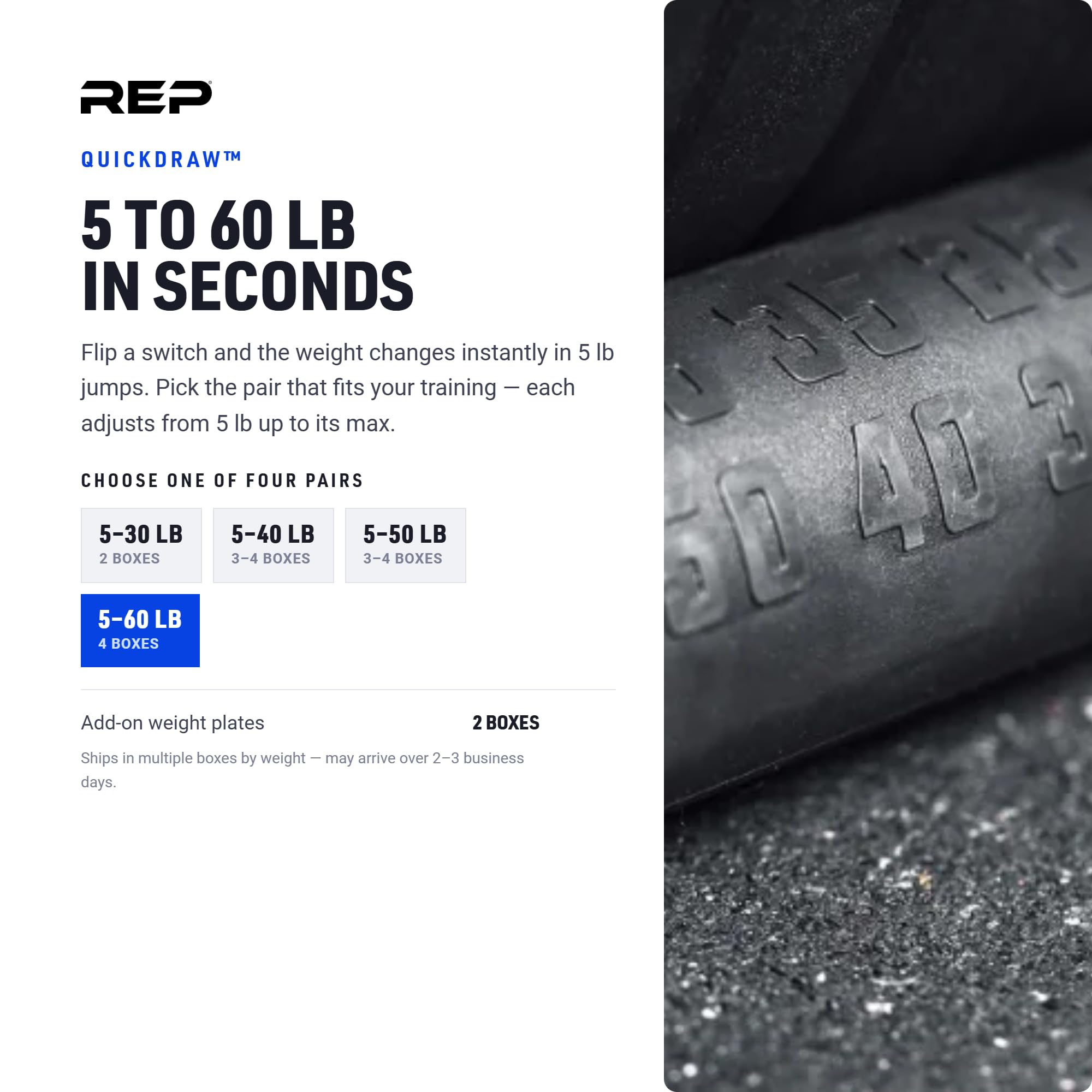 Rep Regulowane hantle fitness Quickdraw, dostępne są różne zakresy wagowe, w tym: 5-30, 5-40,5-50 i 2,3-27,2 kg