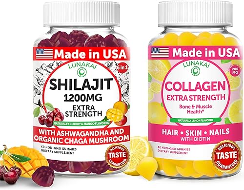 Lunakai Paquete de gomitas Shilajit y colágeno extra fuertes fabricadas en Estados Unidos, energía, cabello, piel y uñas, deliciosas y sin OMG