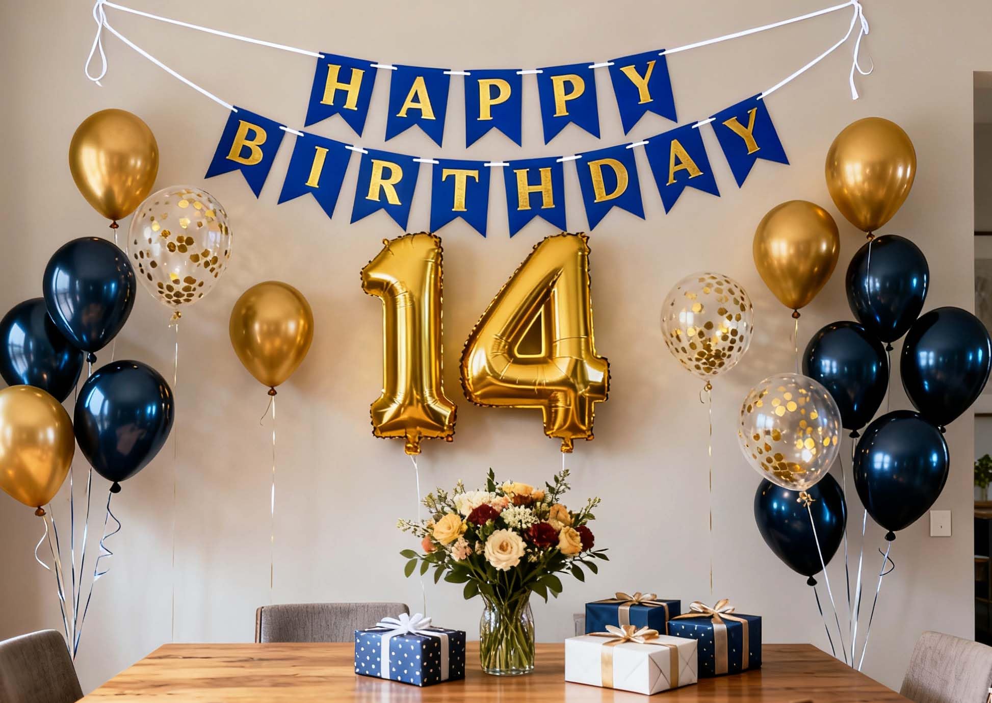 14th Birthday Decorations for Boys, Birthday Banner Number 14 Balloons Metallic Navy Blue Gold Confetti Latex Balloon for Boys Him Son 14 Years Old