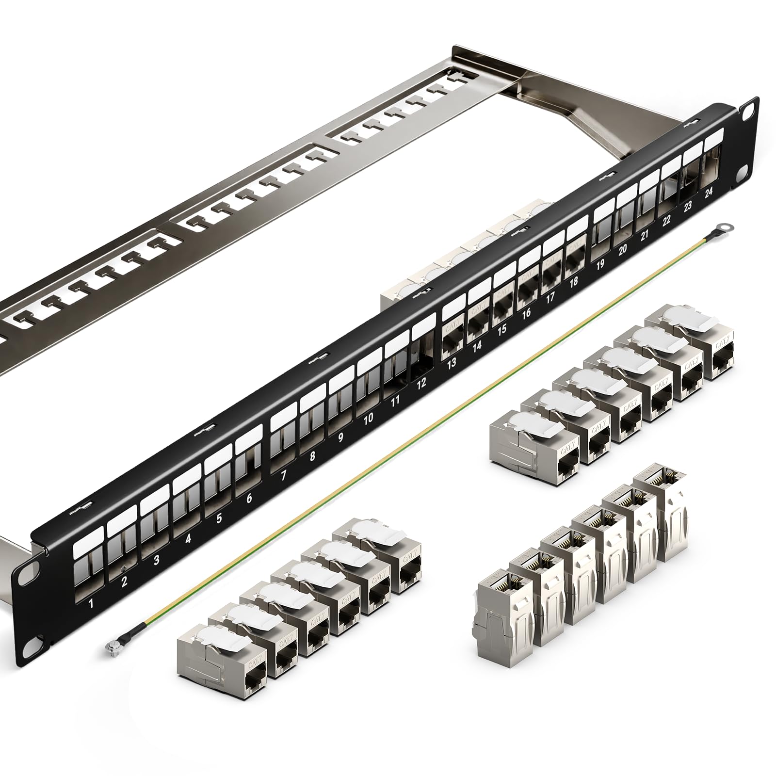 24 Port CAT7 Patchpanel mit 24 x Vergoldet Cat7 keystone rj45 kupplung, 10 Gbit/s 600MHz, Geschirmtes Keystone Patchpanel, 19 Zoll patchpanel mit EMI/RFI-Schutz und Kabelmanagement-Kit