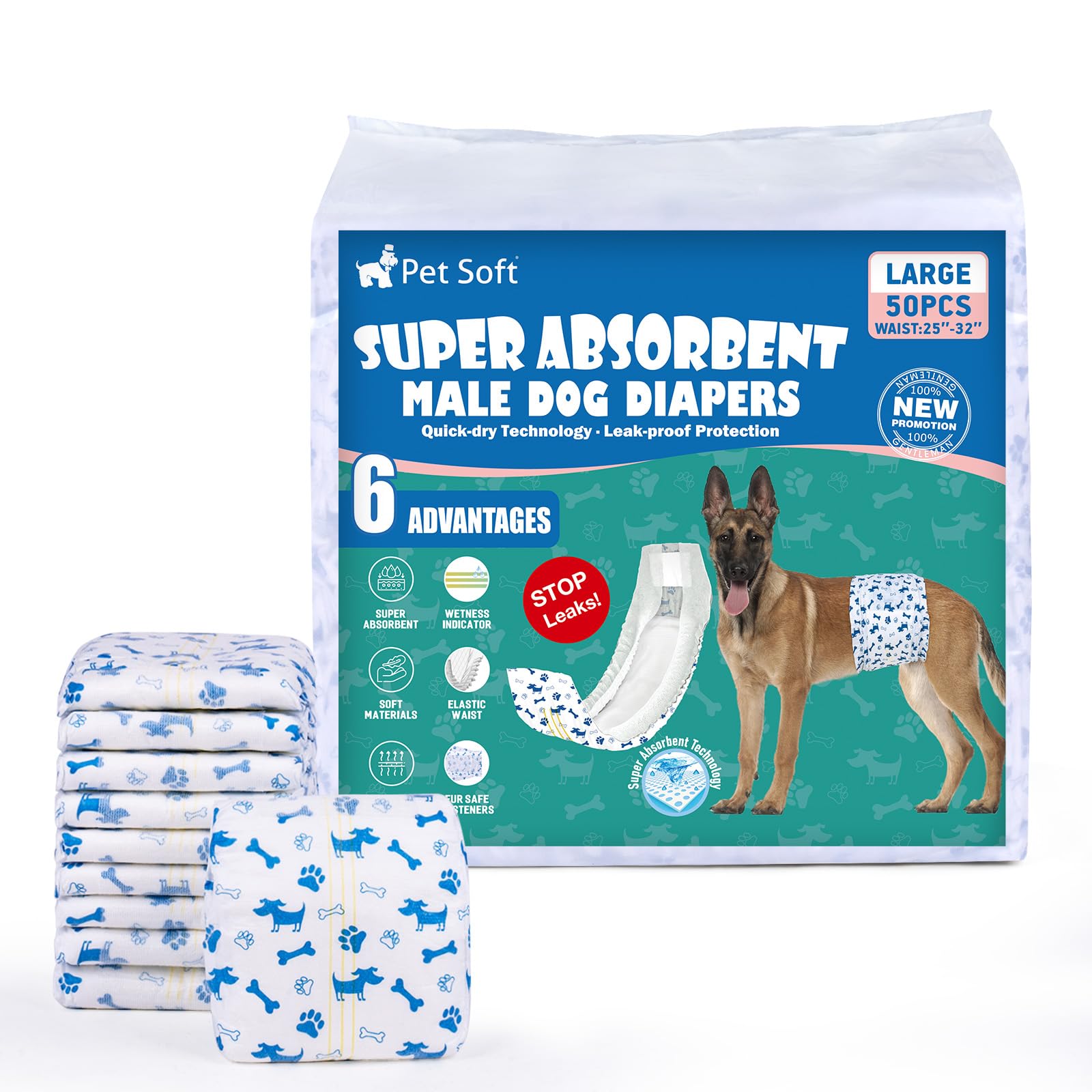 Pet Soft Dog Nappies Male - 50 Counts Disposable Dog Wraps with Wetness Indicator, Super Absorbent Male Dog Diapers for Incontinence (L-50 Count) — image 1