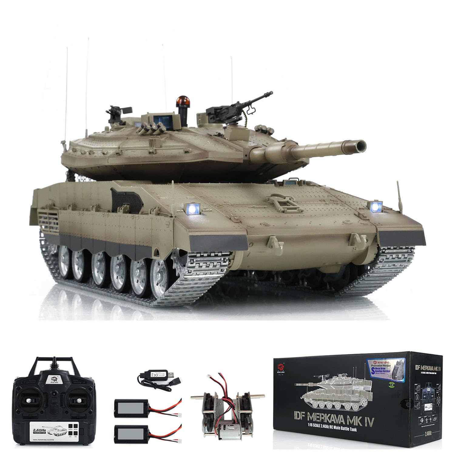 Henglong 1/16 RC Tank IDF Merkava Mk IV 3958 Char de combat avec télécommande, roues en métal, boîte de vitesses à 360°, fumée de tourelle à 2 batteries, modèle de qualité Hobby pour