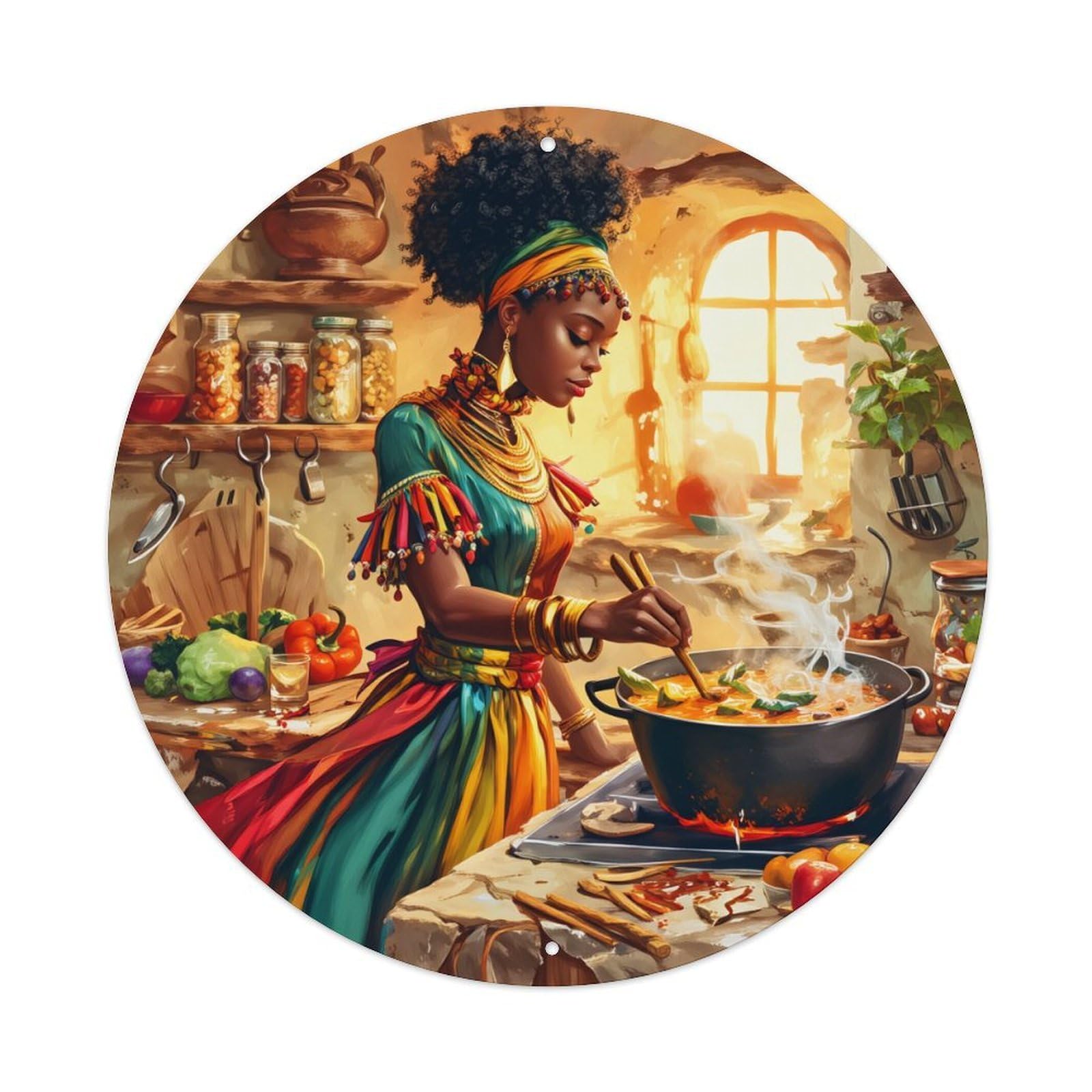 Colorful African Woman Cooking Soup Round Tin Sign Vintage Metal Poster, Home Bar Garage Man Cave Cafe Indoor & Outdoor Wall Decoration 8x8Inches