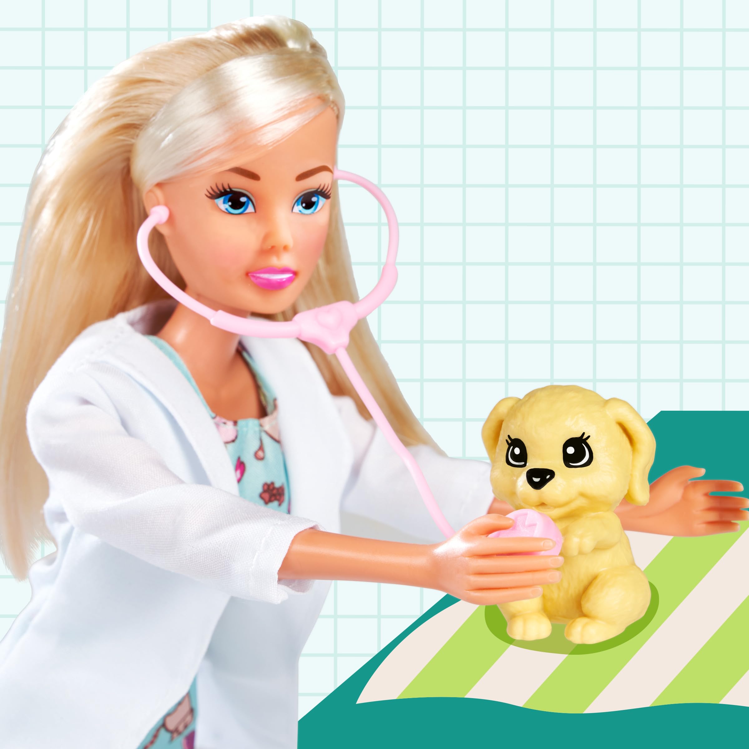 Steffi Love Vet Pet, lalka do zabawy jako weterynarz, opiekuje się małym psem, z torbą do noszenia, miską i kością, 29 cm, od 3 lat