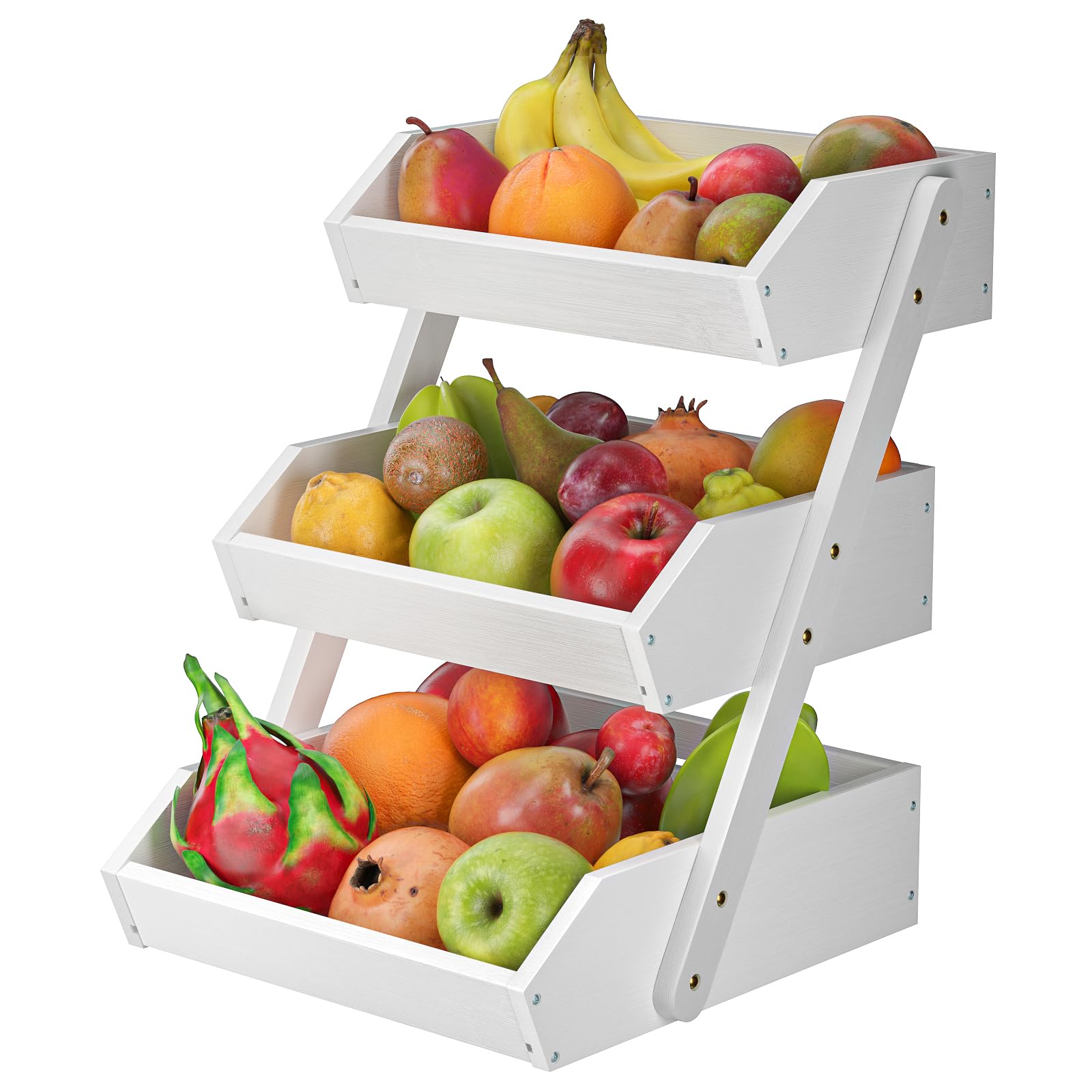 Supporto per Cesto di Frutta in bambù a 3 Livelli, Supporto per Verdure e Pane per ripiano della Cucina, Bianco